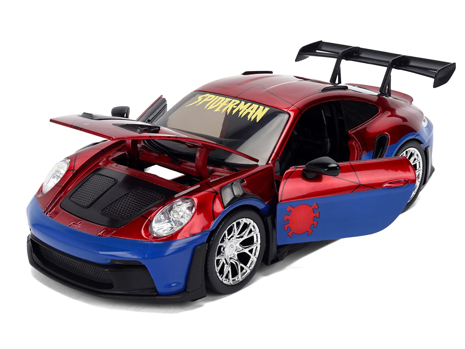 Porsche 911 GT3 RS (992) Red and Blue with Graphics and Spider-Man Diecast Figure "Marvel Spider-Man" "Hollywood Rides" Series 1/24 Diecast Model Car by Jada - Image 2