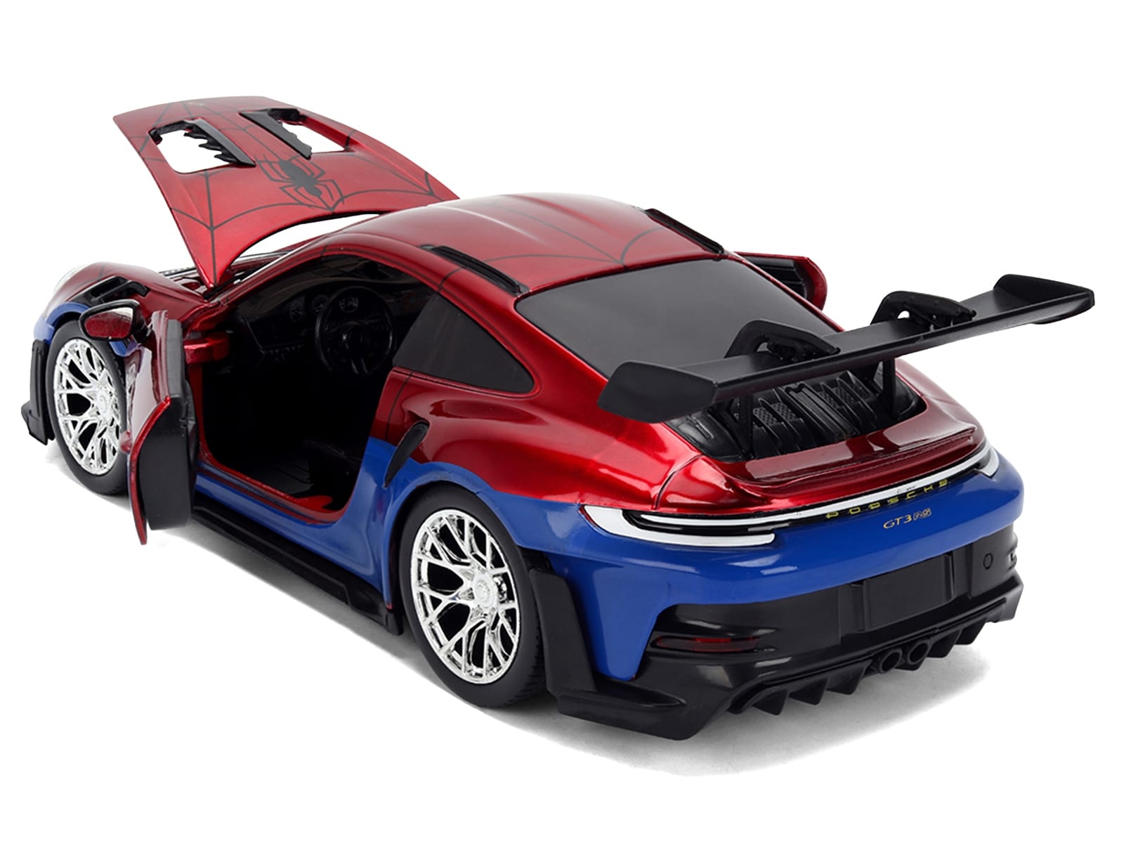 Porsche 911 GT3 RS (992) Red and Blue with Graphics and Spider-Man Diecast Figure "Marvel Spider-Man" "Hollywood Rides" Series 1/24 Diecast Model Car by Jada - Image 4