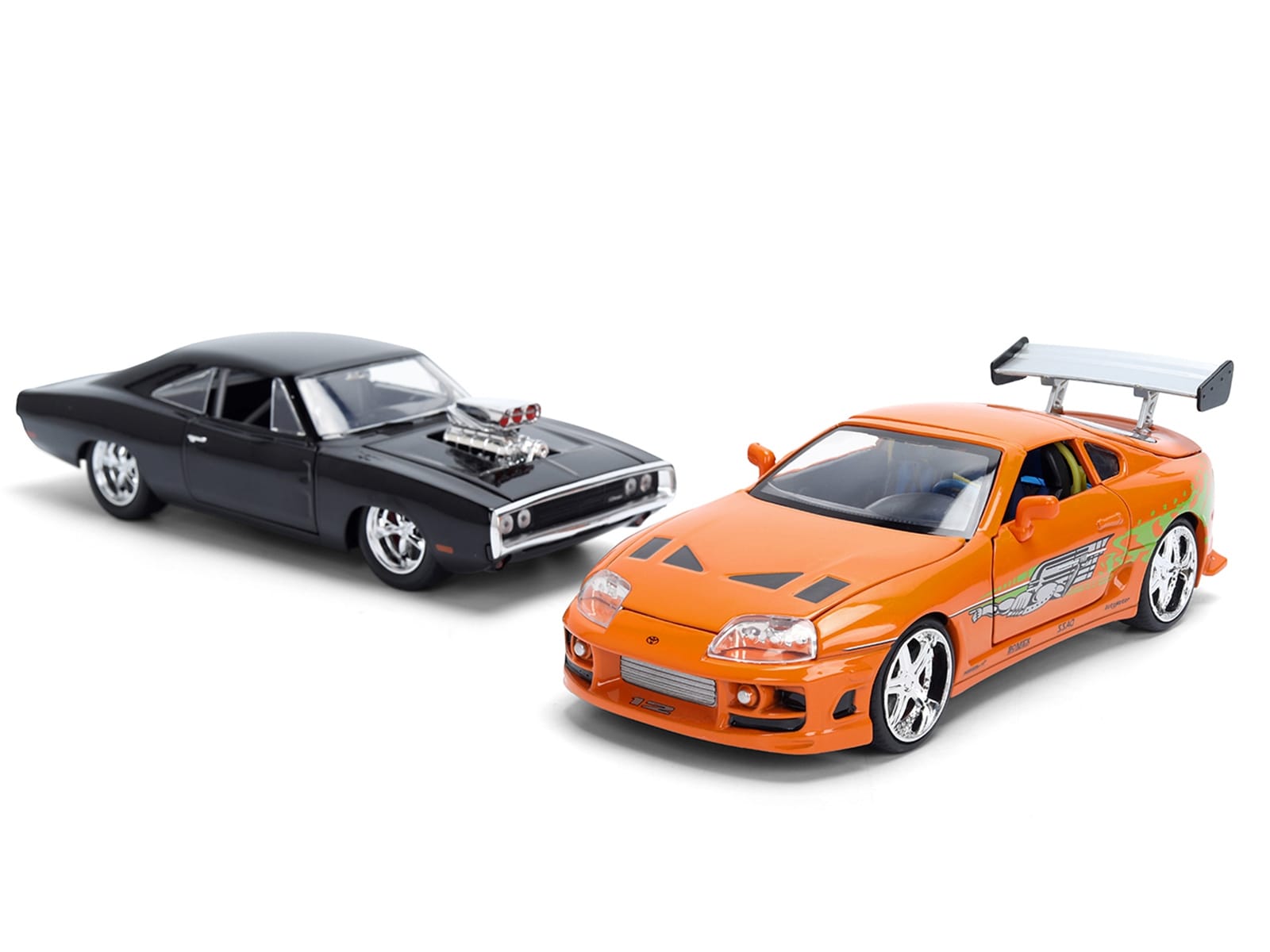 Dom's 1970 Dodge Charger R/T Black and Brian's Toyota Supra Orange with Graphics Set of 2 Cars "Fast & Furious 25th Anniversary" "Fast & Furious" Series 1/24 Diecast Model Cars by Jada - Image 2