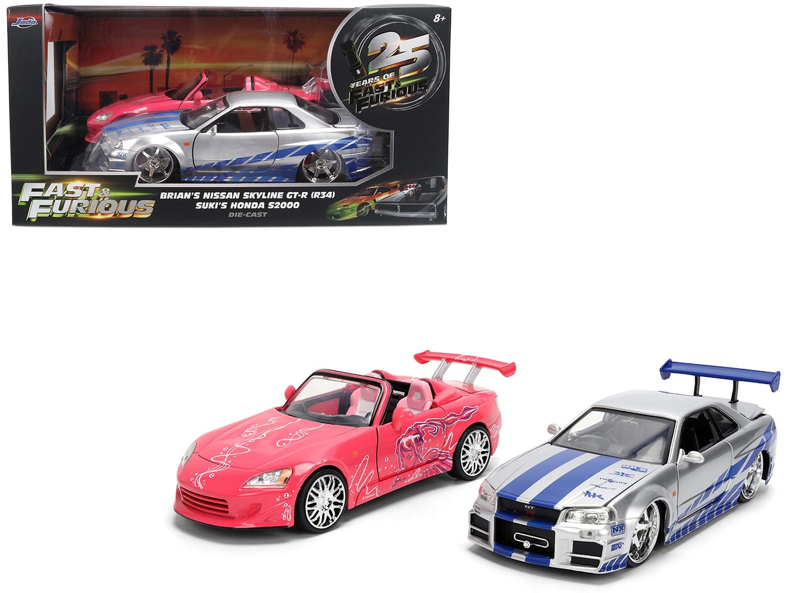 Brian's Nissan Skyline GT-R (R34) Silver Metallic with Blue Stripes and Suki's Honda S2000 Pink with Graphics Set of 2 Cars "Fast & Furious 25th Anniversary" "Fast & Furious" Series 1/24 Diecast Model Cars by Jada