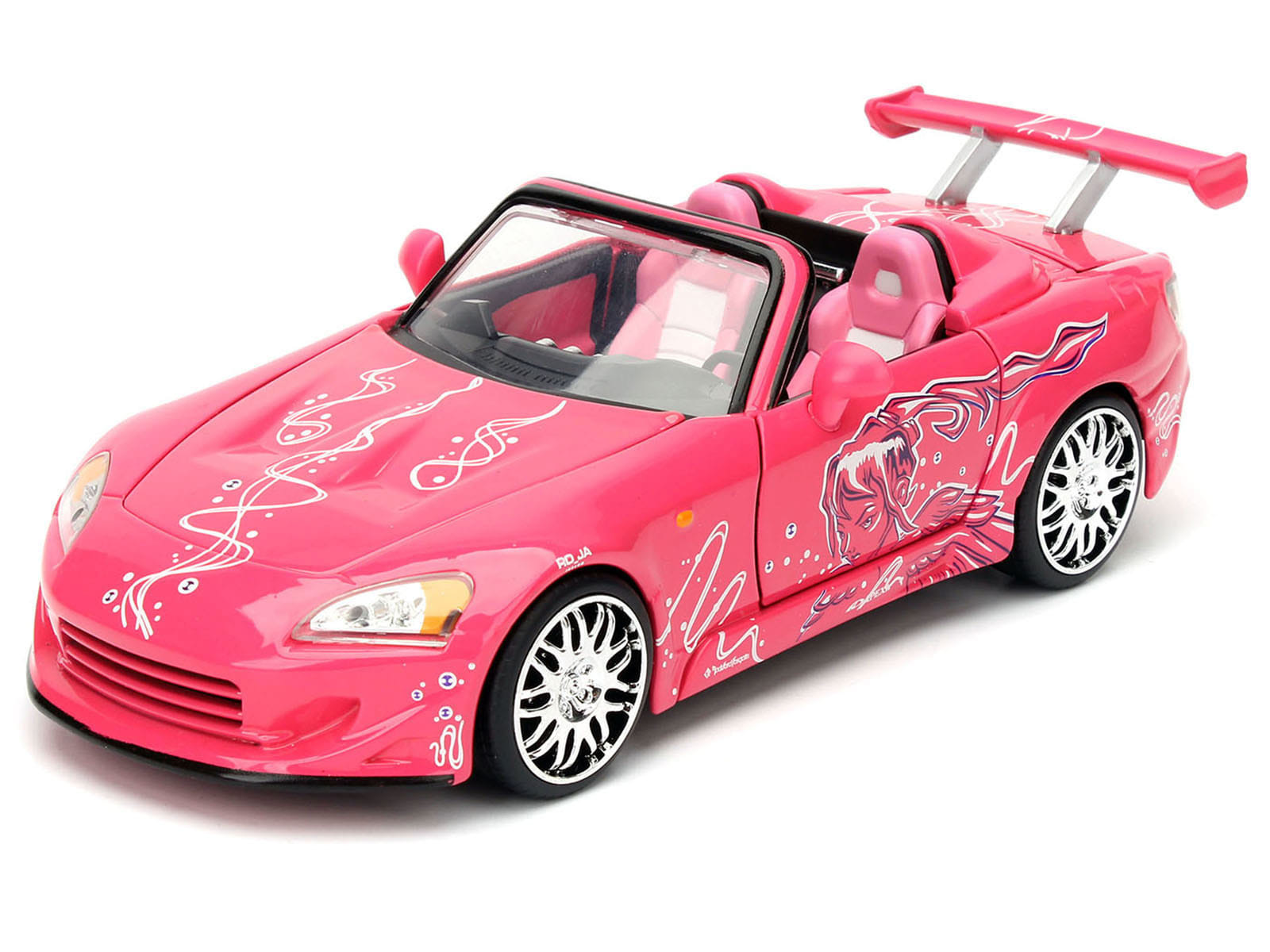 Brian's Nissan Skyline GT-R (R34) Silver Metallic with Blue Stripes and Suki's Honda S2000 Pink with Graphics Set of 2 Cars "Fast & Furious 25th Anniversary" "Fast & Furious" Series 1/24 Diecast Model Cars by Jada - Image 5