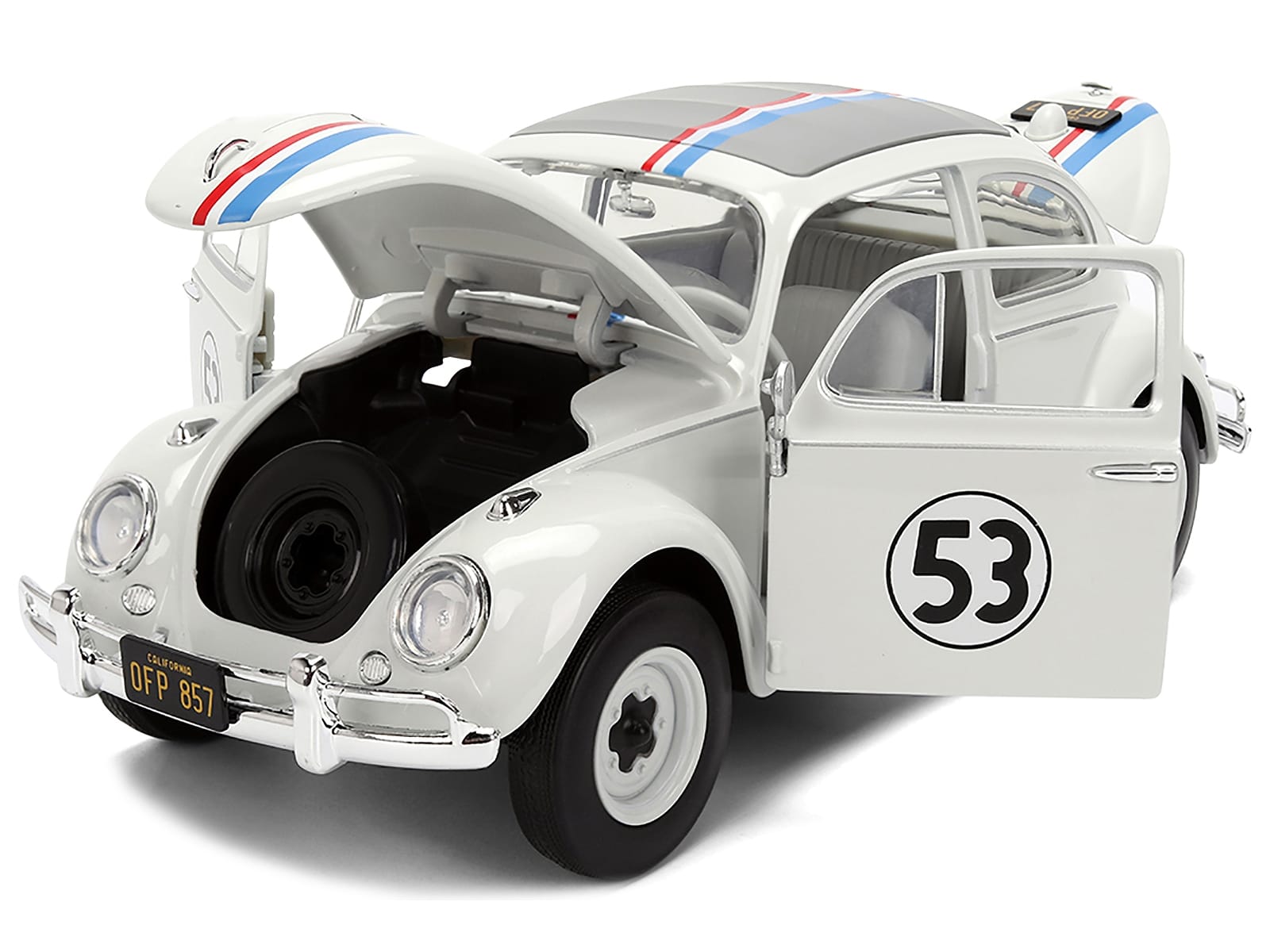 Volkswagen Beetle #53 "Herbie" White with Stripes "The Love Bug" (1968) Movie with Extra Wheels 1/24 Diecast Model Car by Jada - Image 2