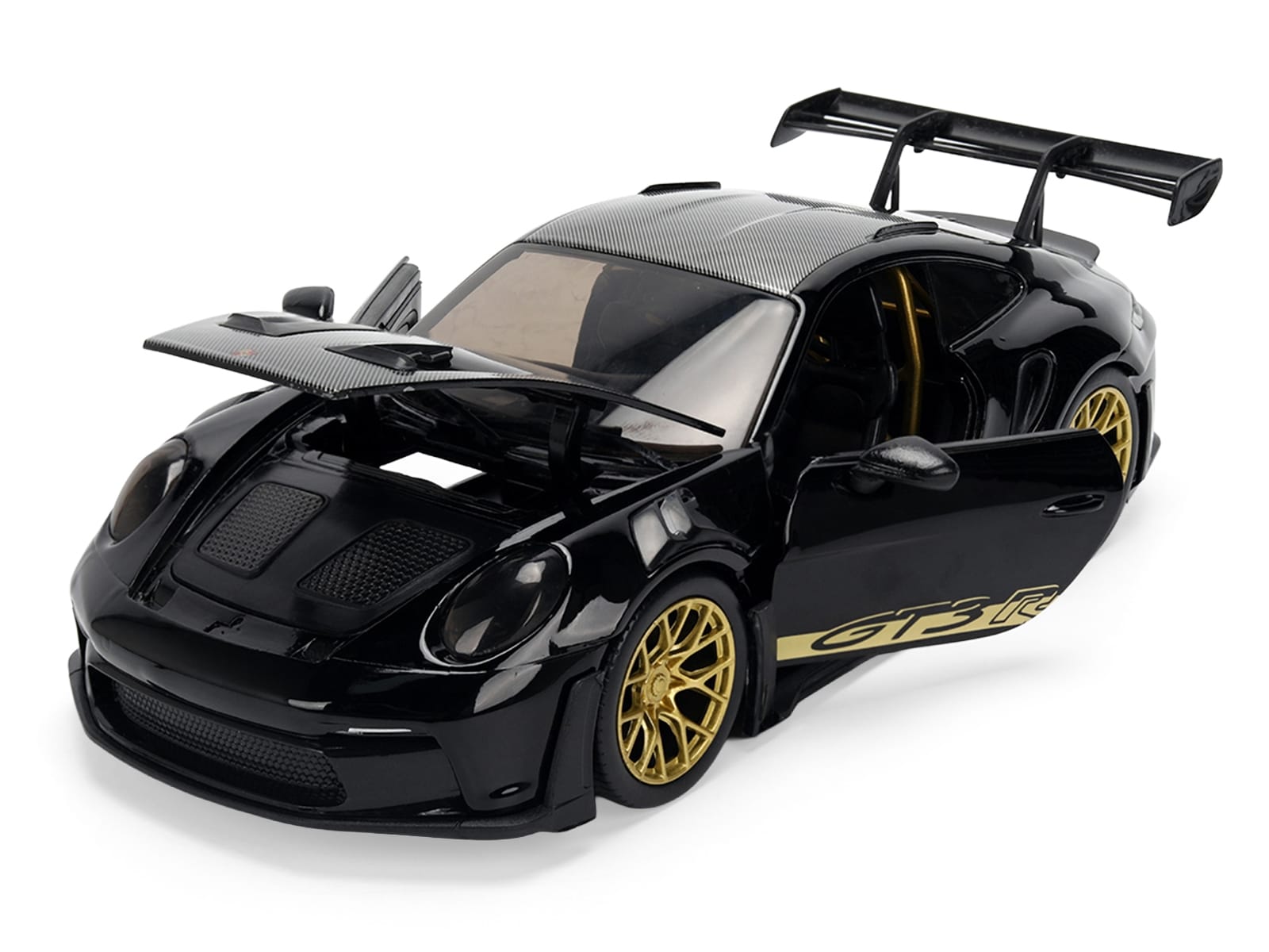 Porsche 911 (992) GT3 RS Black with Carbon Top and Hood Stripes and Gold Wheels "Hyper-Spec" 1/24 Diecast Model Car by Jada - Image 2