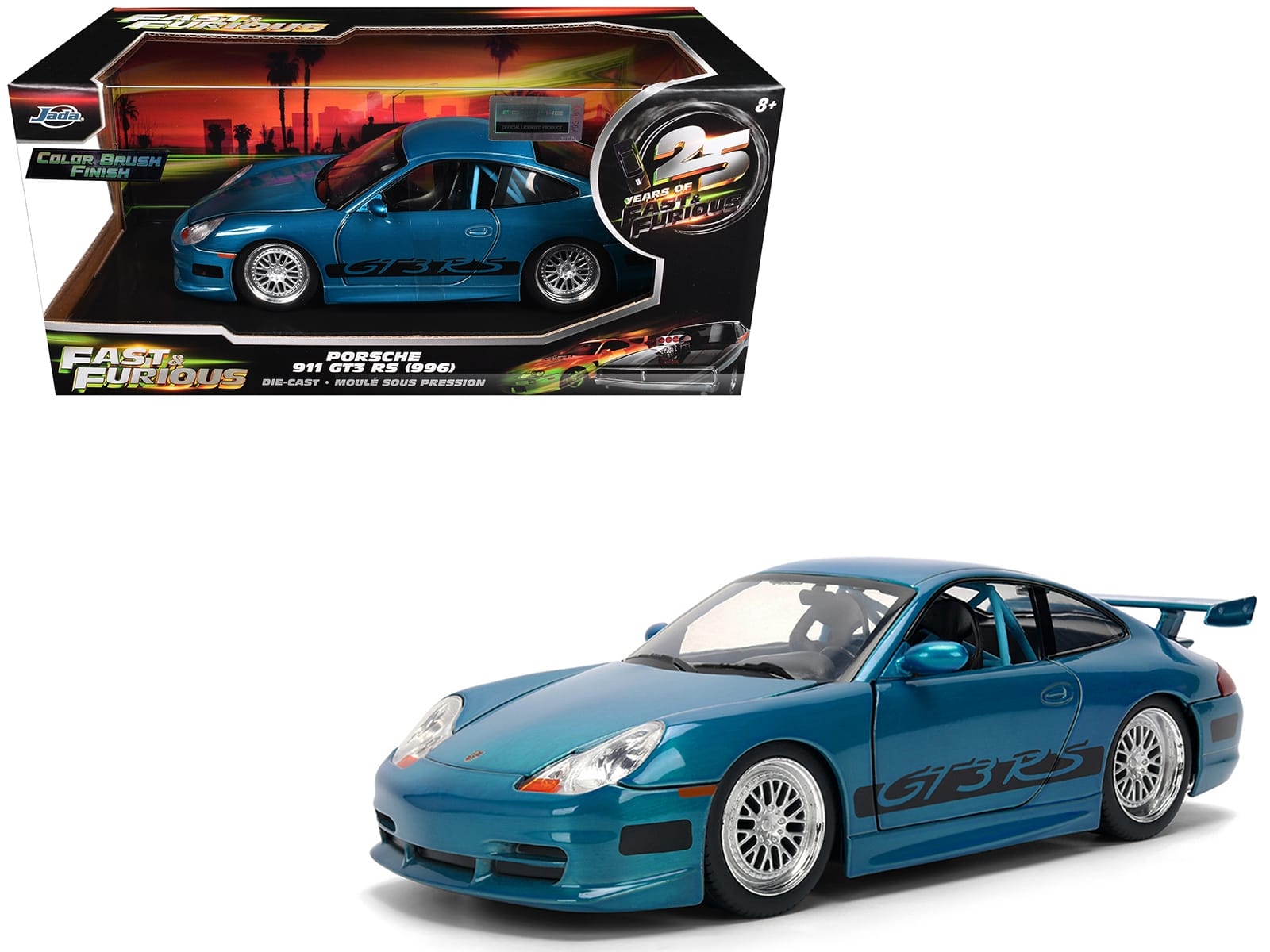 Porsche 911 GT3 RS (996) Blue Color Brush Finish "Fast Five" (2011) Movie "25 Years of Fast & Furious" Series 1/24 Diecast Model Car by Jada