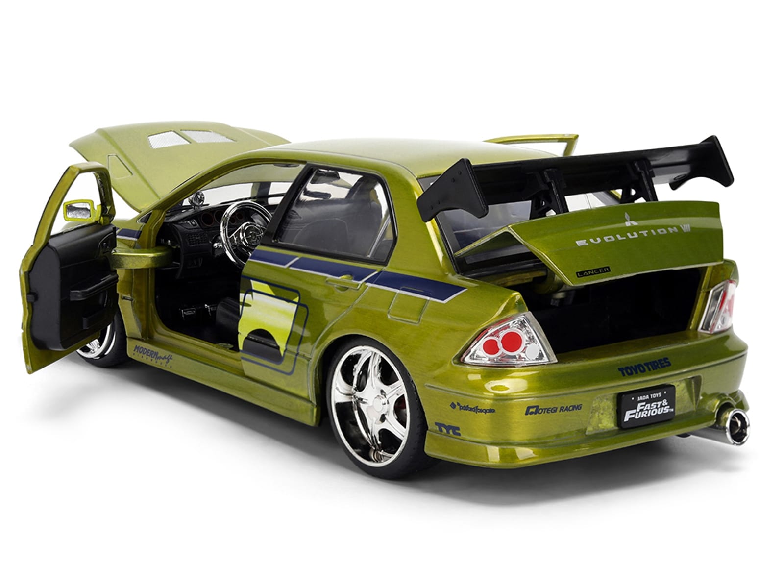 Brian's Mitsubishi Lancer Evolution VII Green Color Brush Finish "2 Fast 2 Furious" (2003) Movie "25 Years of Fast & Furious" Series1/24 Diecast Model Car by Jada - Image 4
