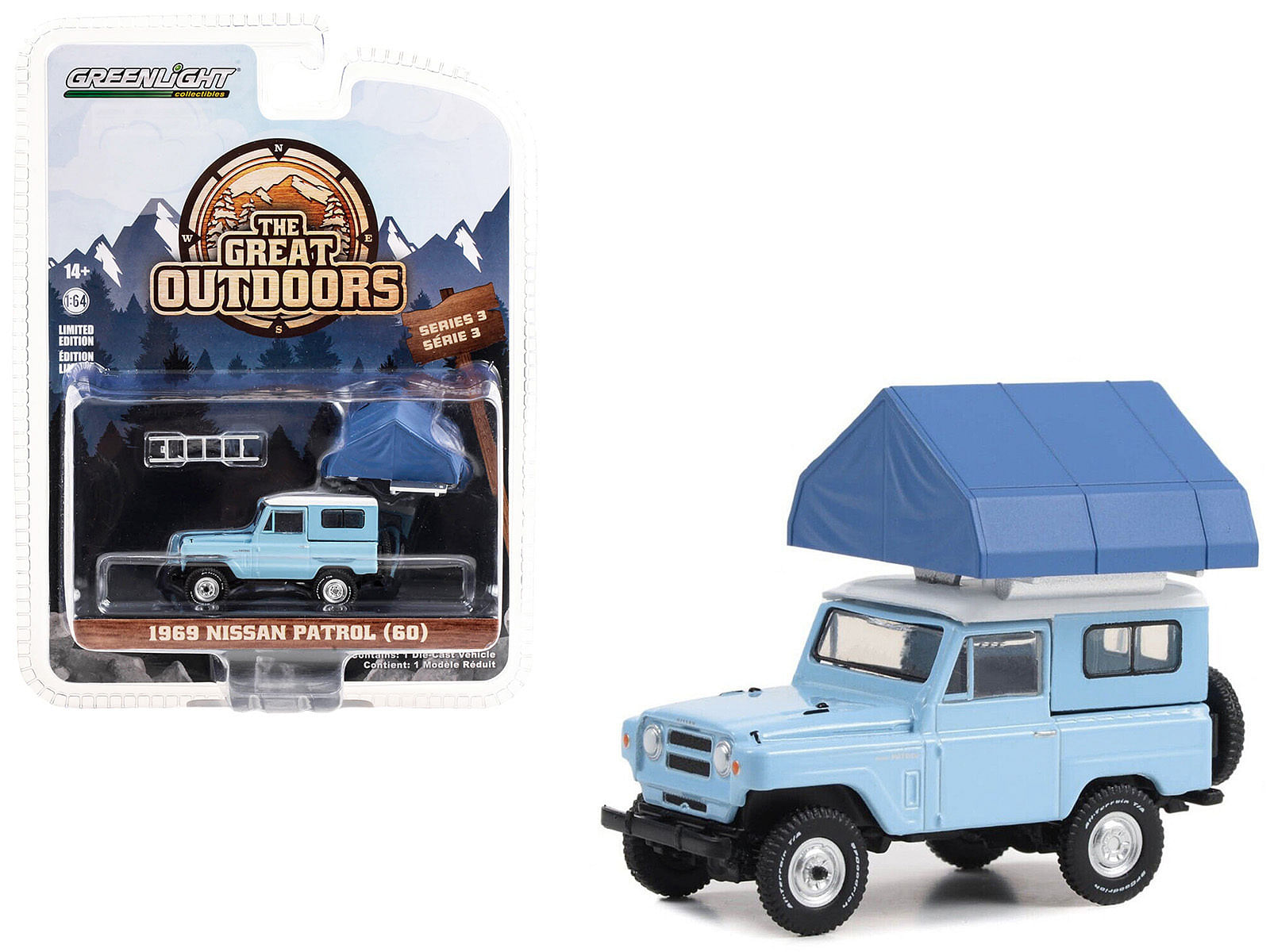 1969 Nissan Patrol (60) Light Blue with White Top and Camp’otel Cartop Sleeper Tent “The Great Outdoors” Series 3 1/64 Diecast Model Car by Greenlight