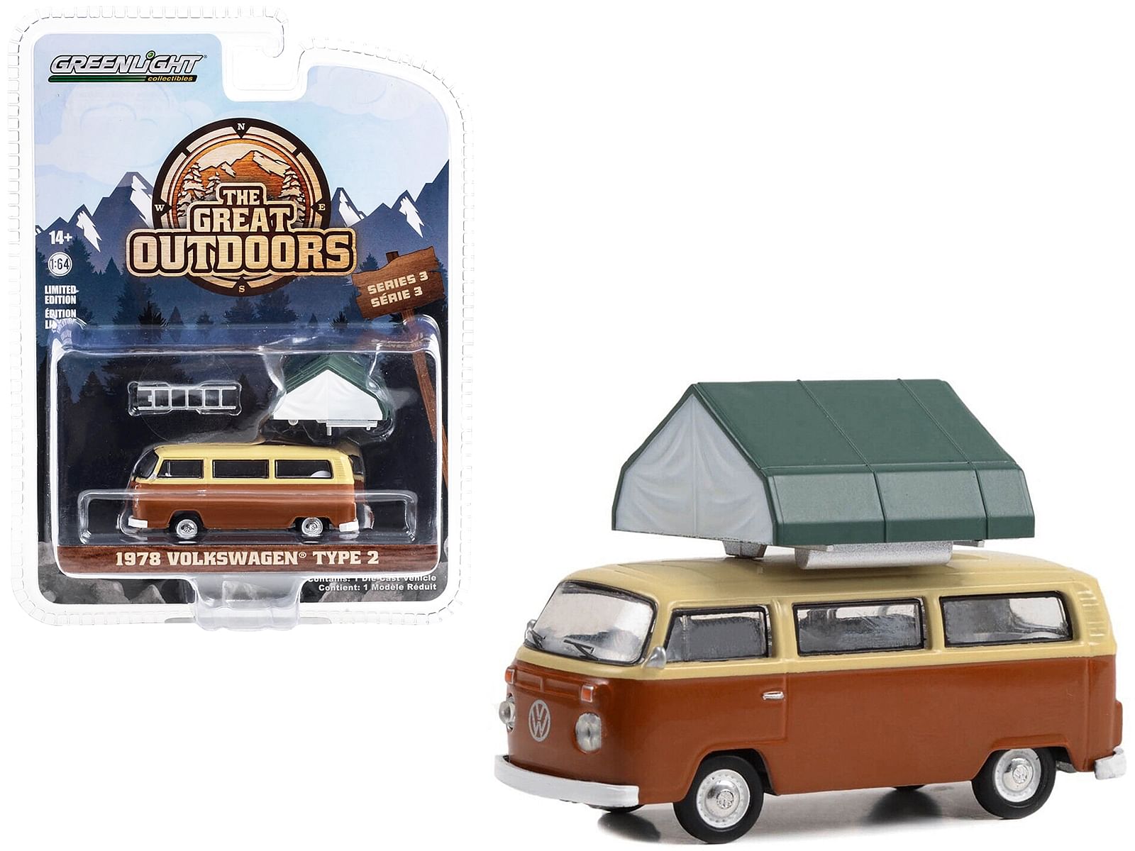 1978 Volkswagen Type 2 (T2B) Van Panama Brown and Dakota Beige with White Interior and Camp’otel Cartop Sleeper Tent “The Great Outdoors” Series 3 1/64 Diecast Model Car by Greenlight