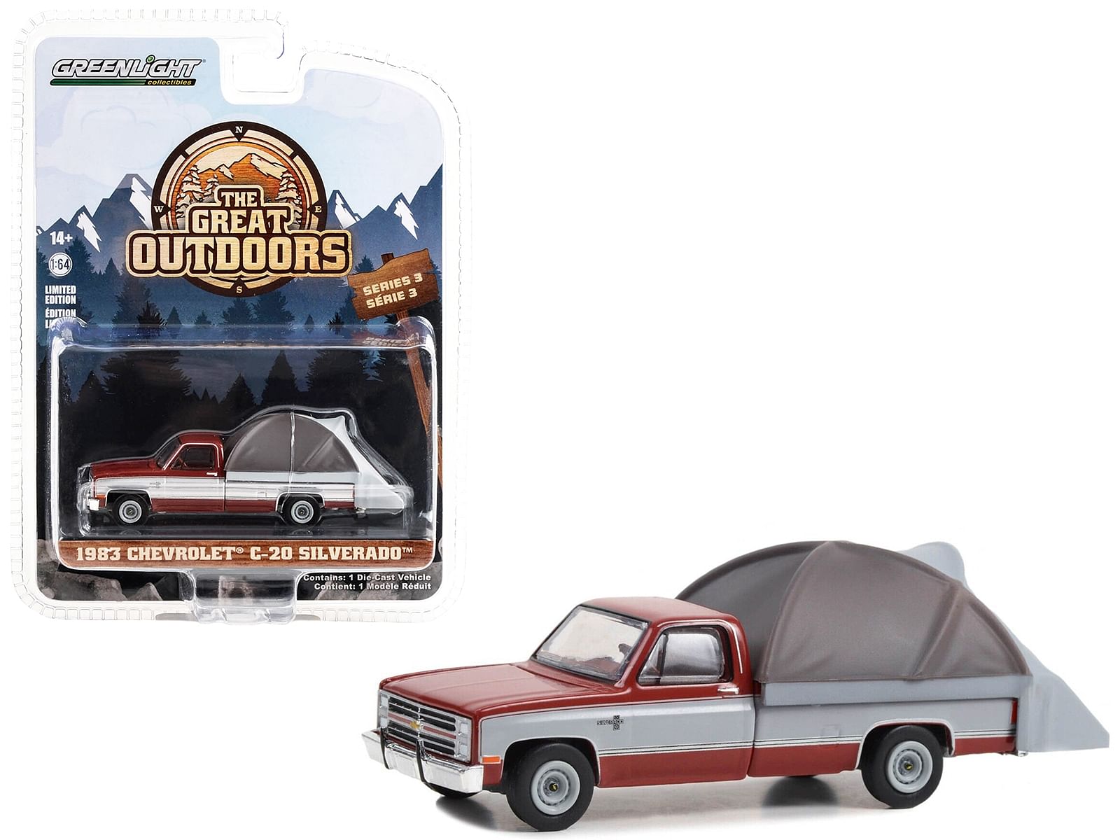 1983 Chevrolet C-20 Silverado Pickup Truck Carmine Red and Silver Metallic with Modern Truck Bed Tent “The Great Outdoors” Series 3 1/64 Diecast Model Car by Greenlight