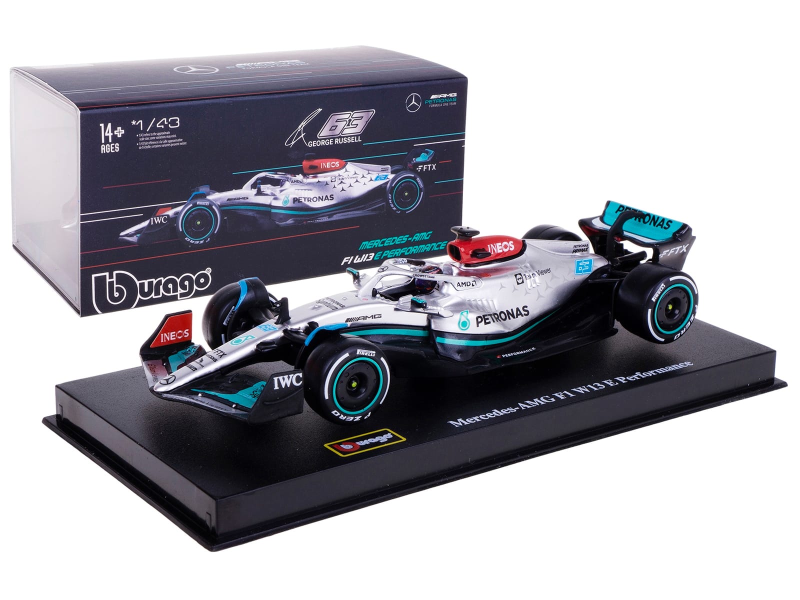 Mercedes-AMG F1 W13 E Performance #63 George Russell "F1 Formula One World Championship" (2022) with Display Case 1/43 Diecast Model Car by Bburago - Image 4
