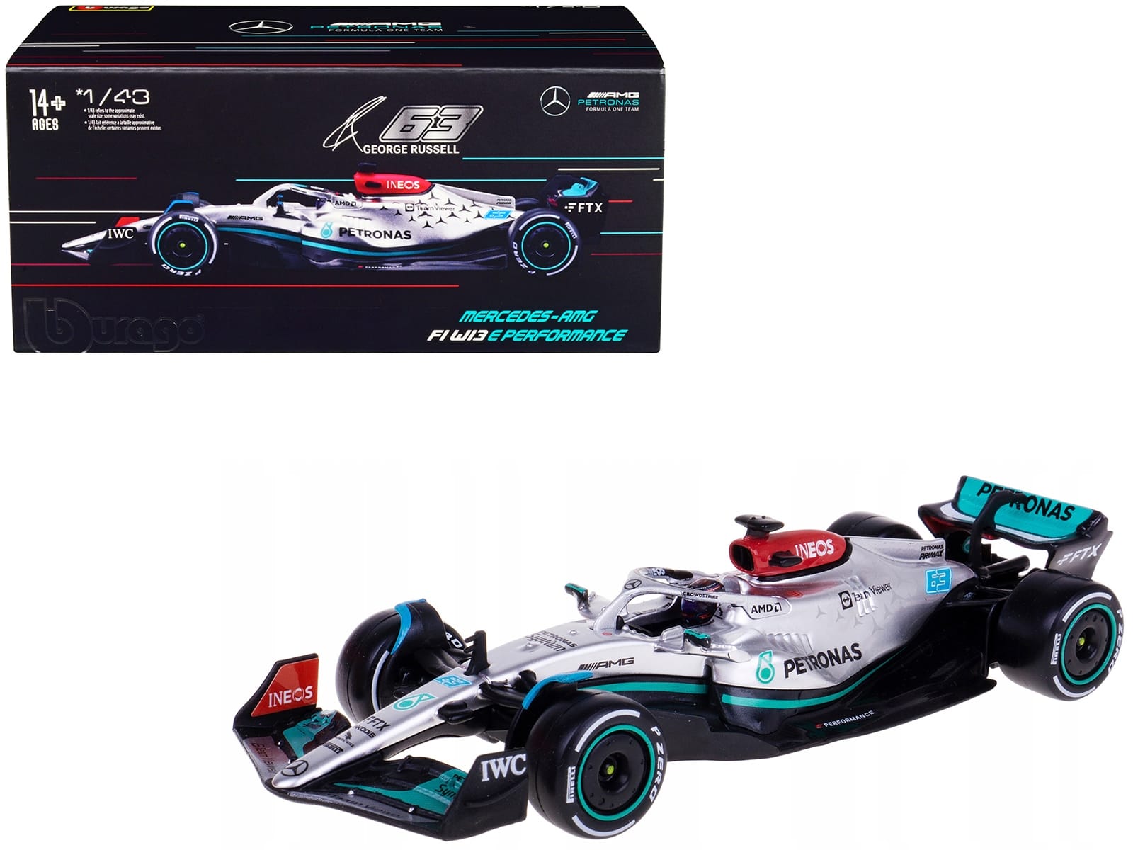 Mercedes-AMG F1 W13 E Performance #63 George Russell "F1 Formula One World Championship" (2022) with Display Case 1/43 Diecast Model Car by Bburago - Image 5