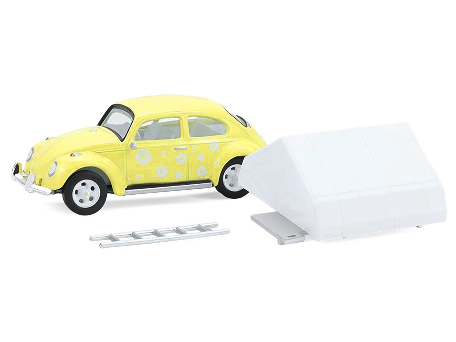 Volkswagen Classic Beetle Yellow with White Flower Graphics and Interior with Camp'otel Cartop Sleeper Tent "The Great Outdoors" Series 4 1/64 Diecast Model Car by Greenlight - Image 2