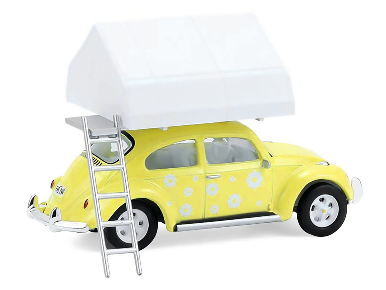 Volkswagen Classic Beetle Yellow with White Flower Graphics and Interior with Camp'otel Cartop Sleeper Tent "The Great Outdoors" Series 4 1/64 Diecast Model Car by Greenlight - Image 3