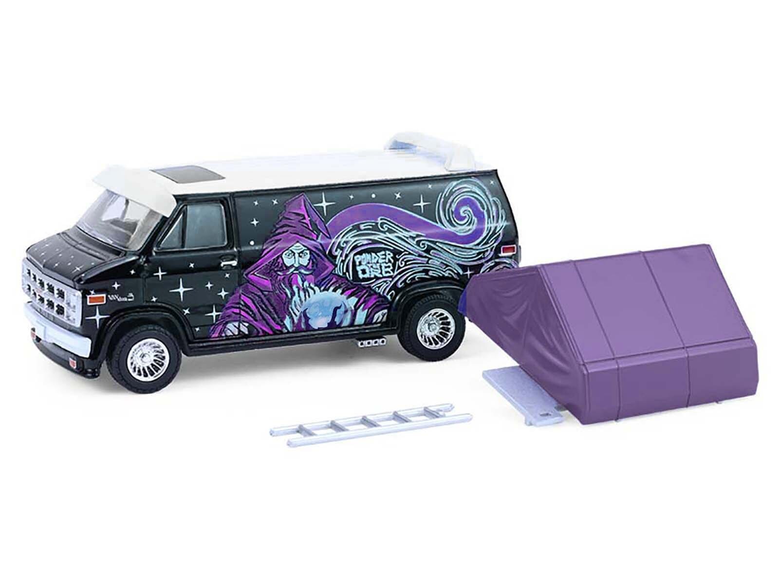 1978 GMC Vandura Custom Van Black with Wizard Graphics and White Top with Camp'otel Cartop Sleeper Tent "The Great Outdoors" Series 4 1/64 Diecast Model Car by Greenlight - Image 2