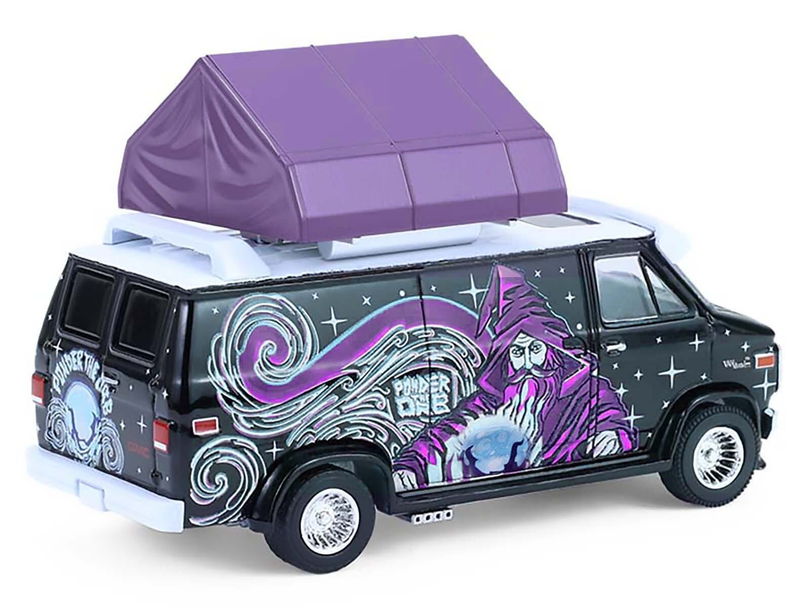 1978 GMC Vandura Custom Van Black with Wizard Graphics and White Top with Camp'otel Cartop Sleeper Tent "The Great Outdoors" Series 4 1/64 Diecast Model Car by Greenlight - Image 4