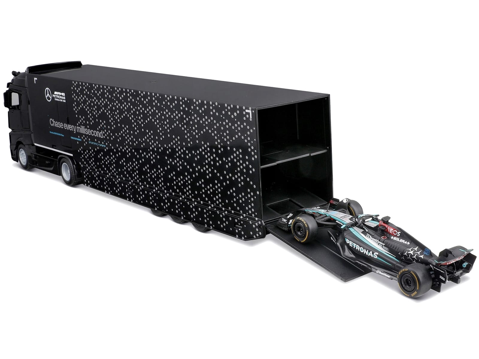 Mercedes-Benz Actros Gigaspace Car Transporter Black and Mercedes-AMG F1 W15 E Performance #63 George Russell "Petronas" Formula One F1 World Championship (2024) "Racing Hauler" Series 1/43 Diecast Model Car by Bburago - Image 3