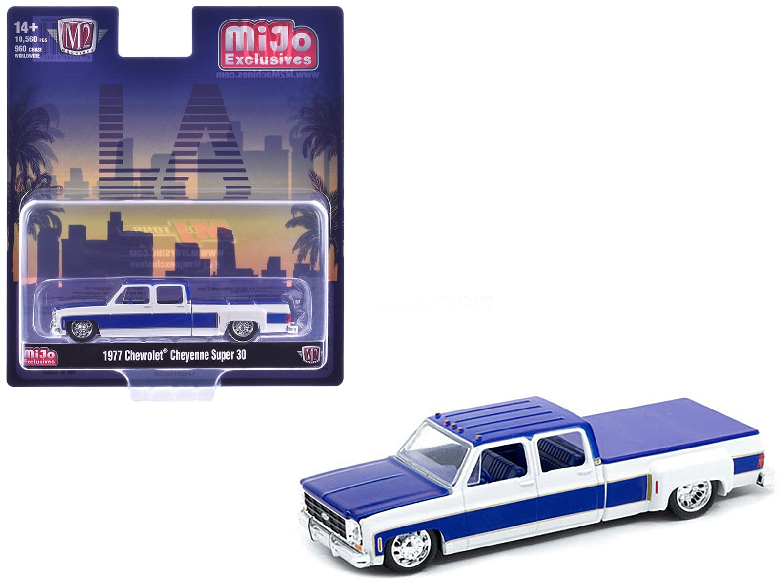 1977 Chevrolet Cheyenne Super 30 Pickup Truck White and Blue “LA” Limited Edition to 10560 pieces Worldwide 1/64 Diecast Model Car by M2 Machines