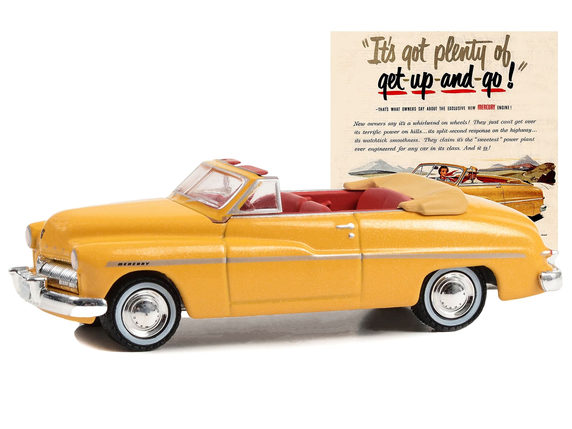 1949 Mercury Eight Convertible Yellow Metallic with Red Interior “It’s Got Plenty Of Get-Up-And-Go!” “Vintage Ad Cars” Series 9 1/64 Diecast Model Car by Greenlight