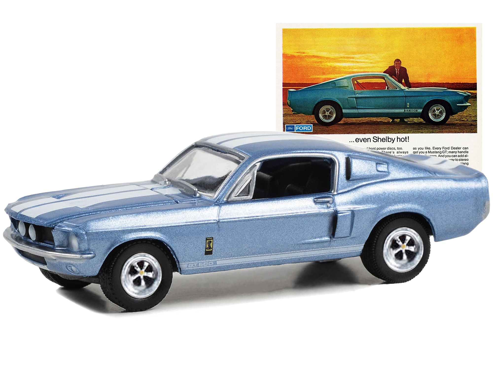 1967 Ford Mustang Shelby GT500 Light Blue Metallic with White Stripes “Order Your Mustang As Hot As You Like… Even Shelby Hot!” “Vintage Ad Cars” Series 9 1/64 Diecast Model Car by Greenlight