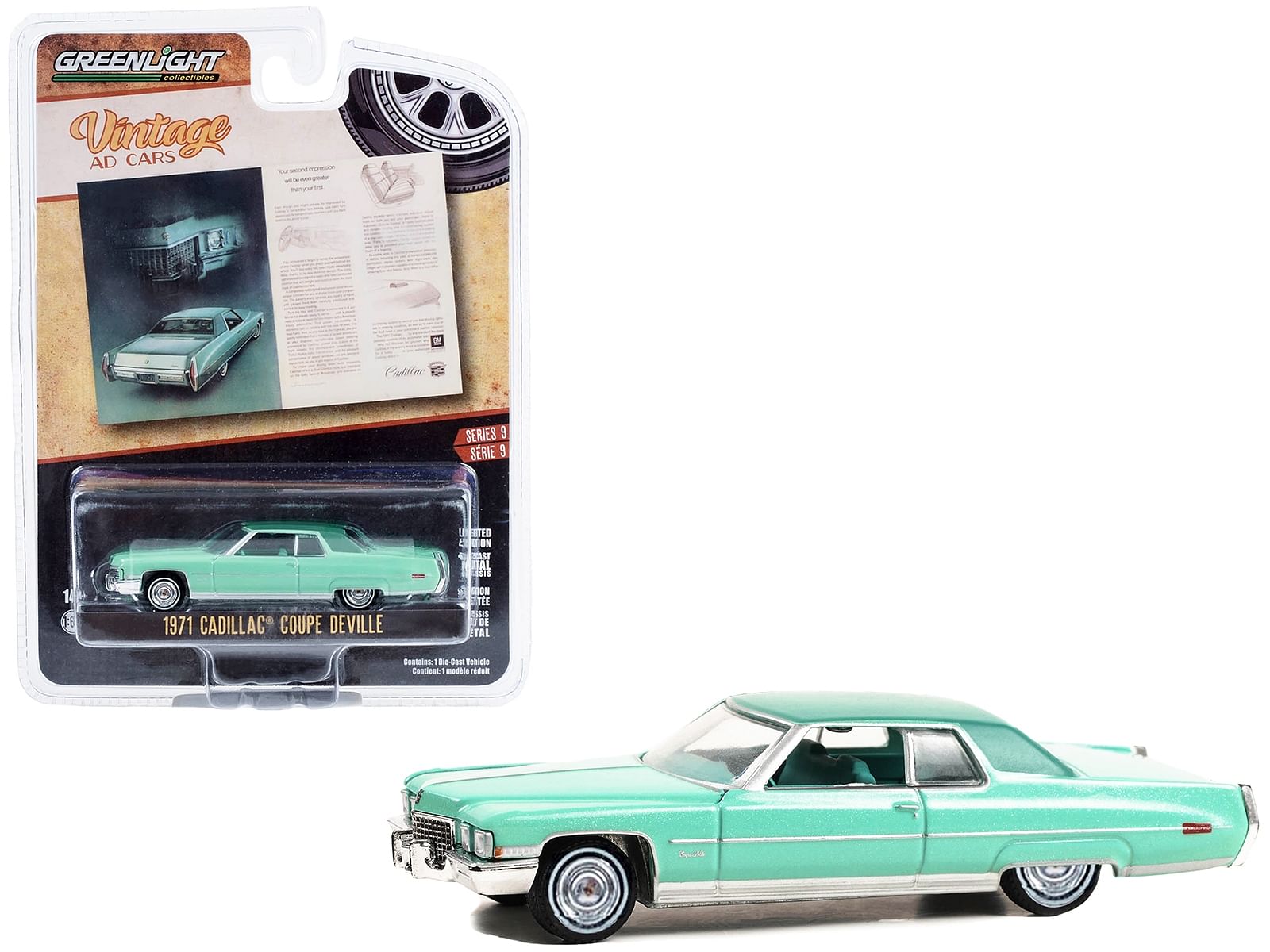 1971 Cadillac Coupe deVille Light Green Metallic with Green Interior “Your Second Impression Will Be Even Greater Than Your First” “Vintage Ad Cars” Series 9 1/64 Diecast Model Car by Greenlight