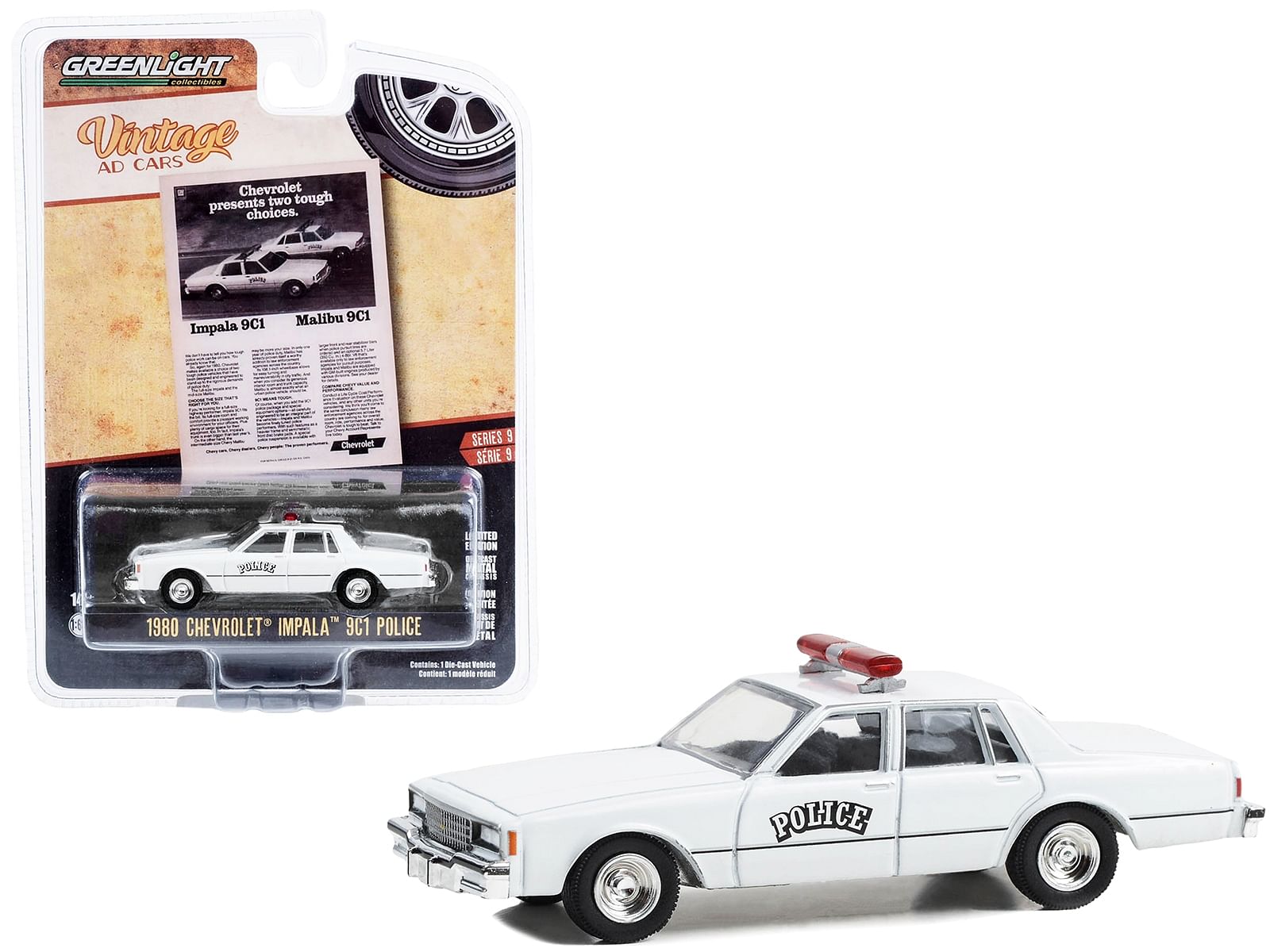 1980 Chevrolet Impala 9C1 Police White “Chevrolet Presents Two Tough Choices” “Vintage Ad Cars” Series 9 1/64 Diecast Model Car by Greenlight