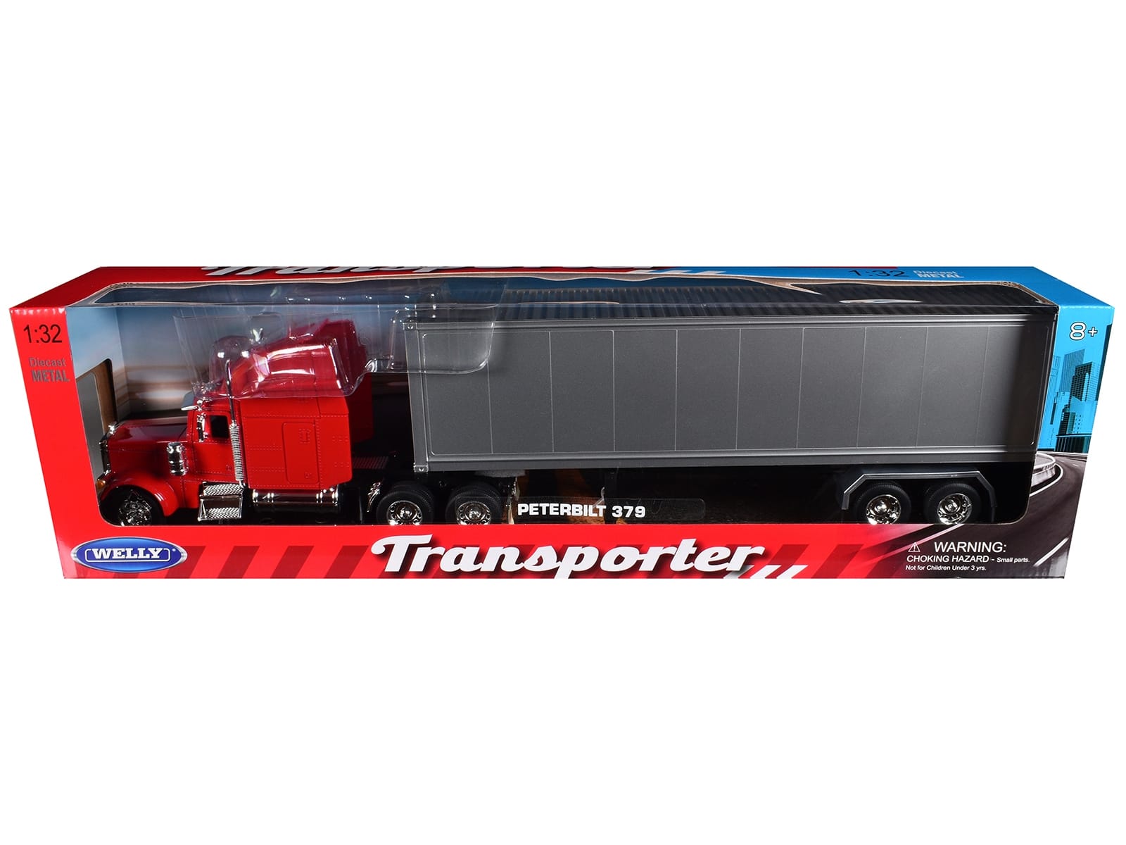 Peterbilt 379 Truck Red with Silver Container "Transporter" Series 1/32 Diecast Model by Welly