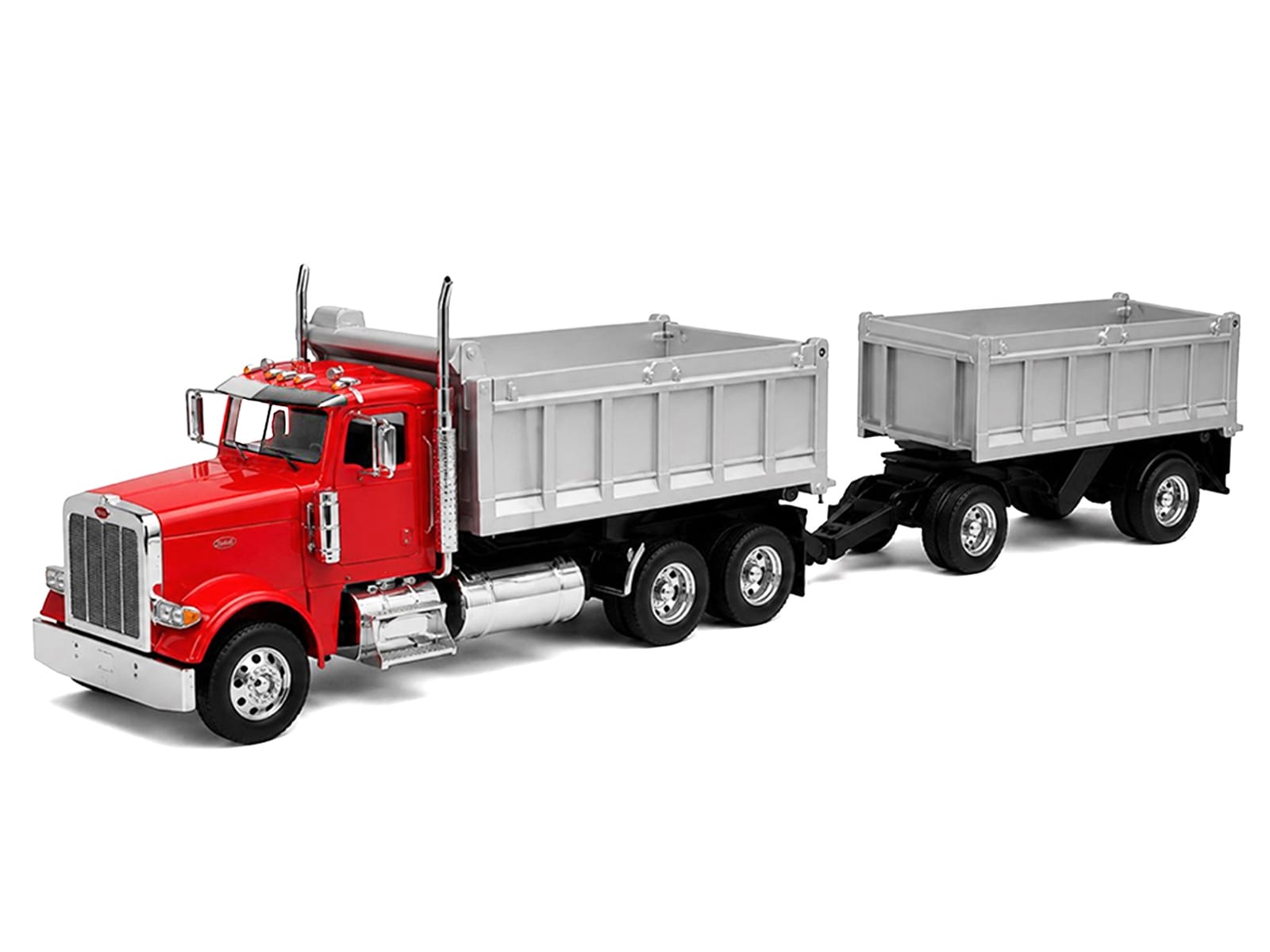 Peterbilt 379 Dump Truck Red with Gray Double Dump Trailer "Transporter" Series 1/32 Diecast Model by Welly - Image 2