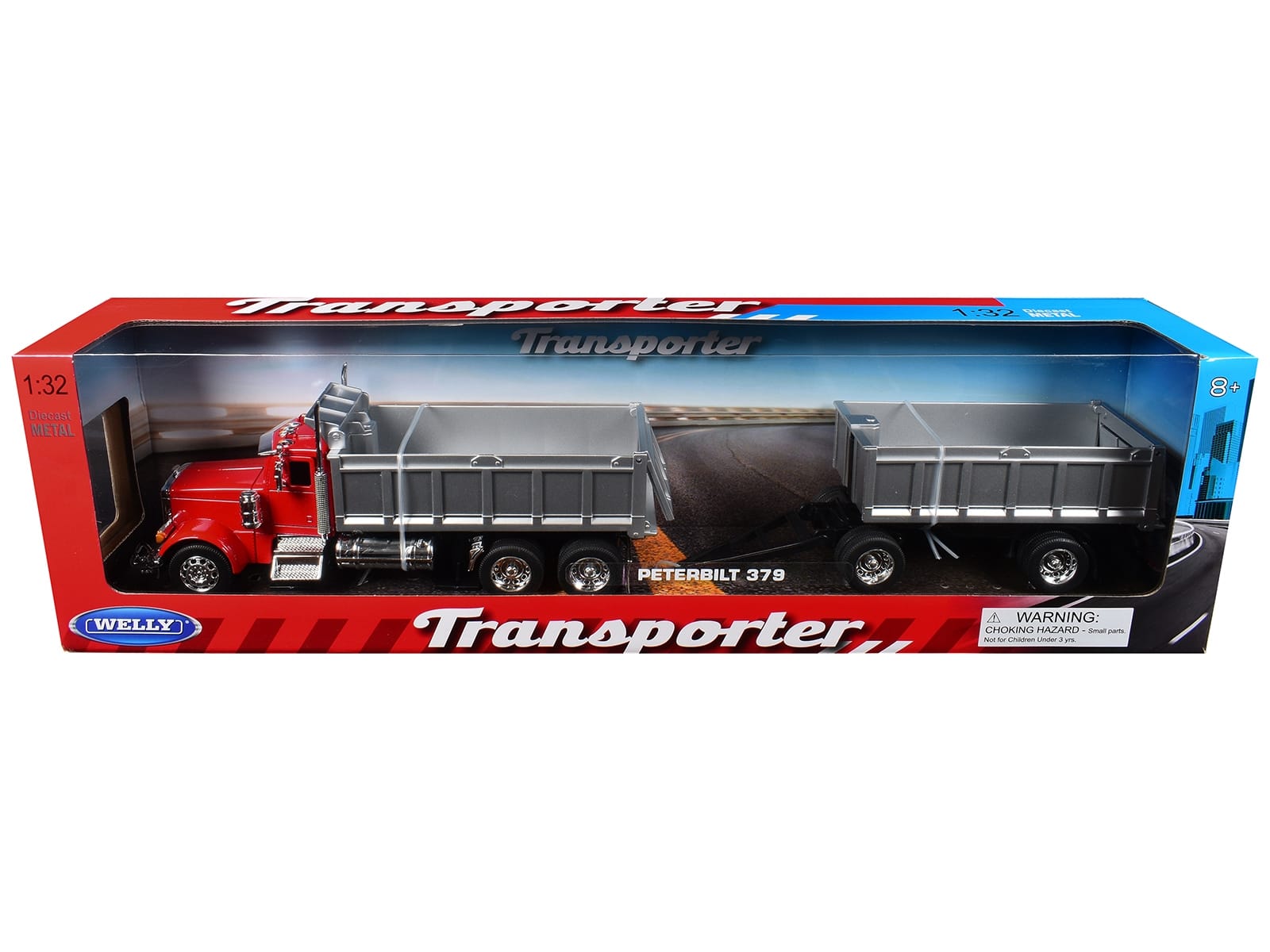 Peterbilt 379 Dump Truck Red with Gray Double Dump Trailer "Transporter" Series 1/32 Diecast Model by Welly - Image 3