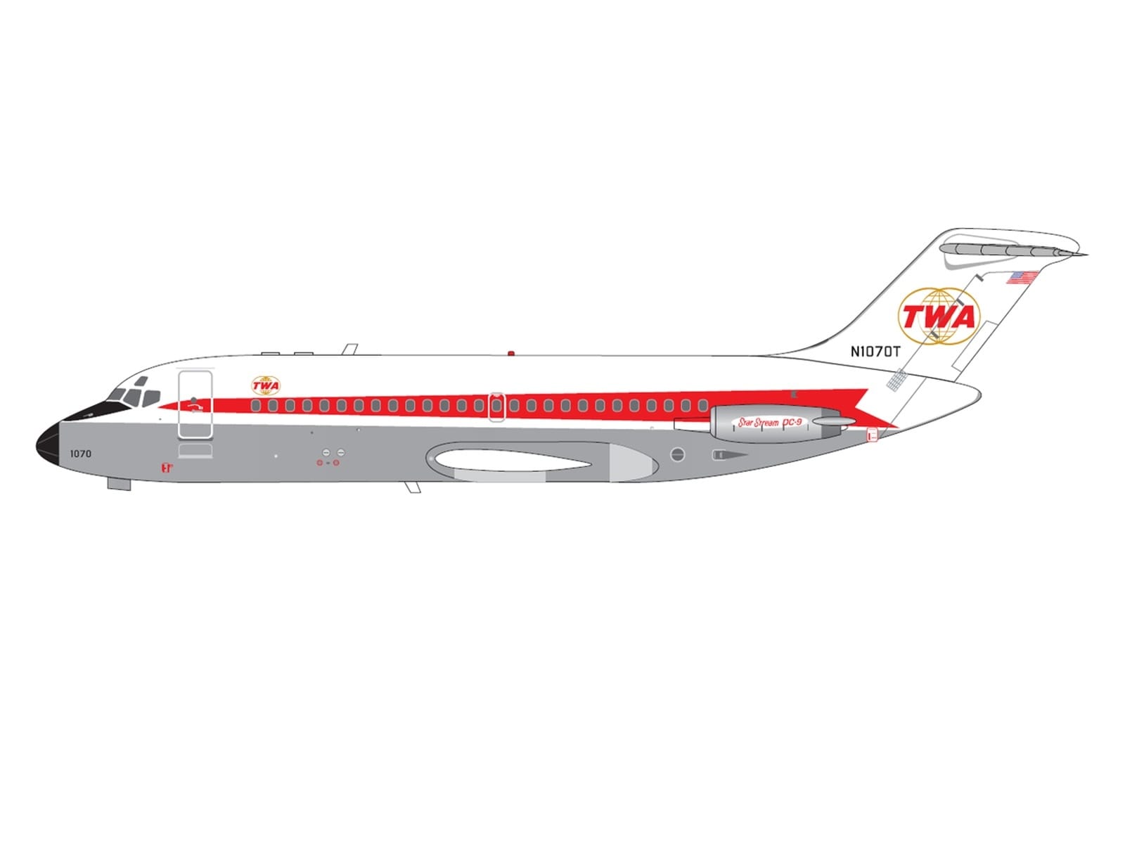 McDonnell Douglas DC-9-15 Commercial Aircraft "Trans World Airlines" (N1070T) White with Red Stripes 1/400 Diecast Model by V1:400 - Image 2