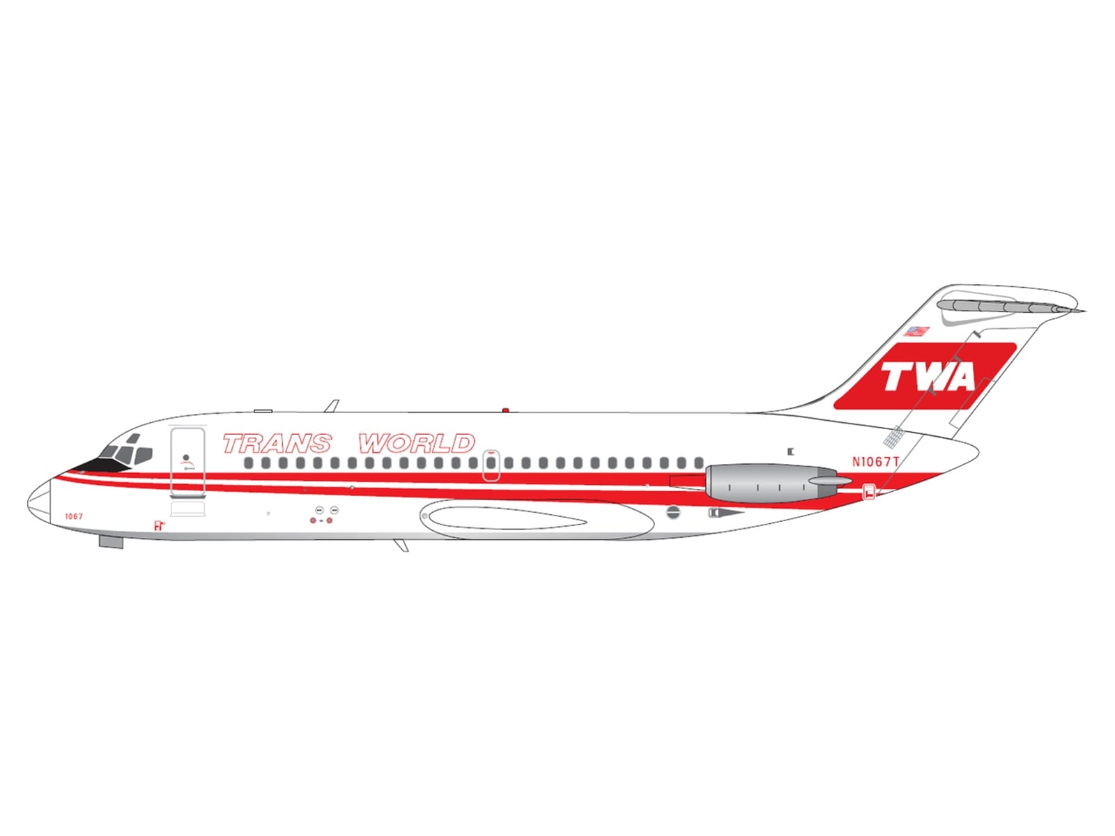 McDonnell Douglas DC-9-15 Commercial Aircraft "Trans World Airlines" (N1067T) White with Red Stripes 1/400 Diecast Model by V1:400 - Image 2