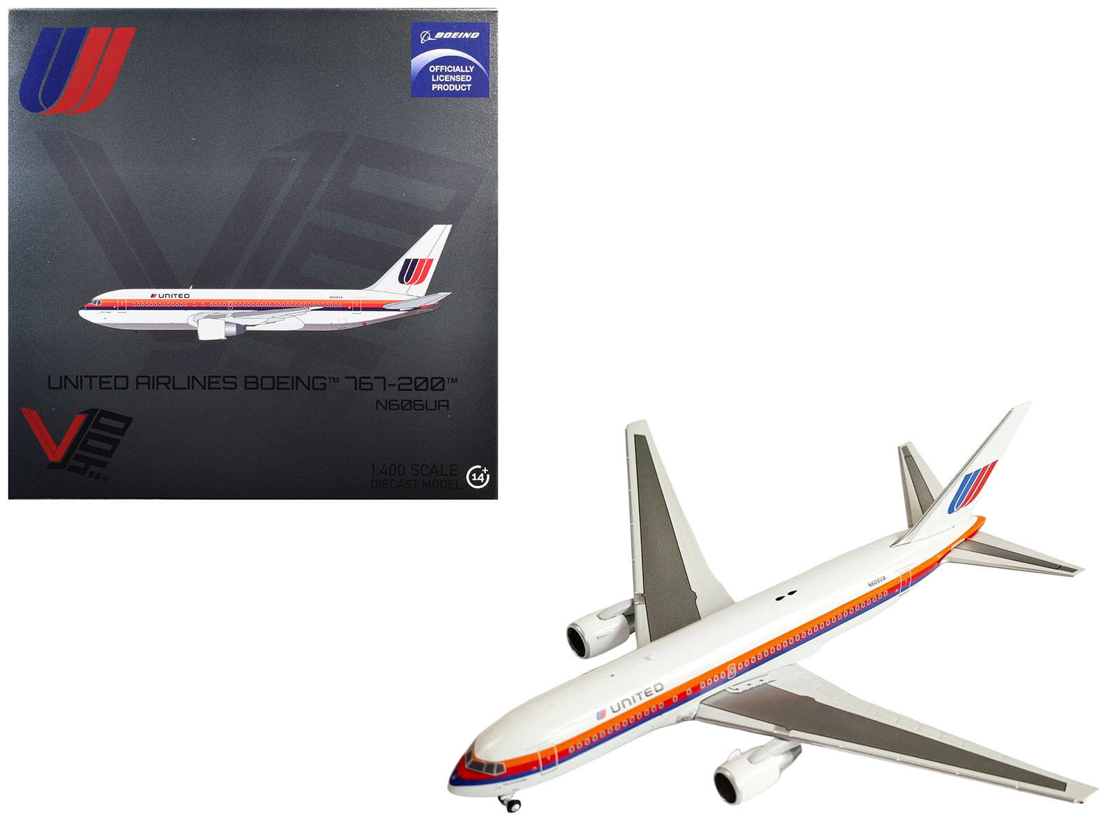 Boeing 767-200 Commercial Aircraft "United Airlines" (N606UA) White with Stripes 1/400 Diecast Model by V1:400