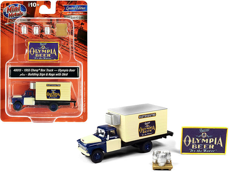 1955 Chevrolet Box Truck “Olympia Beer” Dark Blue and Yellow with Building Sign and 3 Beer Kegs with Skid 1/87 (HO) Scale Models by Classic Metal Works