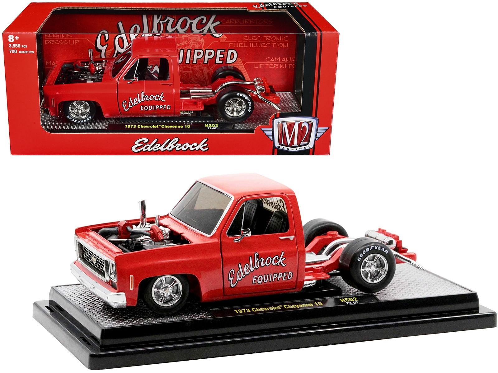 1973 Chevrolet Cheyenne Super 10 Square Body Bedless Truck Bright Red with Graphics “Edelbrock” Limited Edition to 3550 pieces Worldwide 1/24 Diecast Model Car by M2 Machines