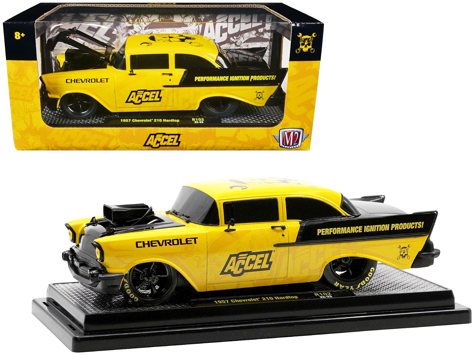 1957 Chevrolet 210 Hardtop Yellow and Black with Graphics “Accel” Limited Edition to 2650 pieces Worldwide 1/24 Diecast Model Car by M2 Machines