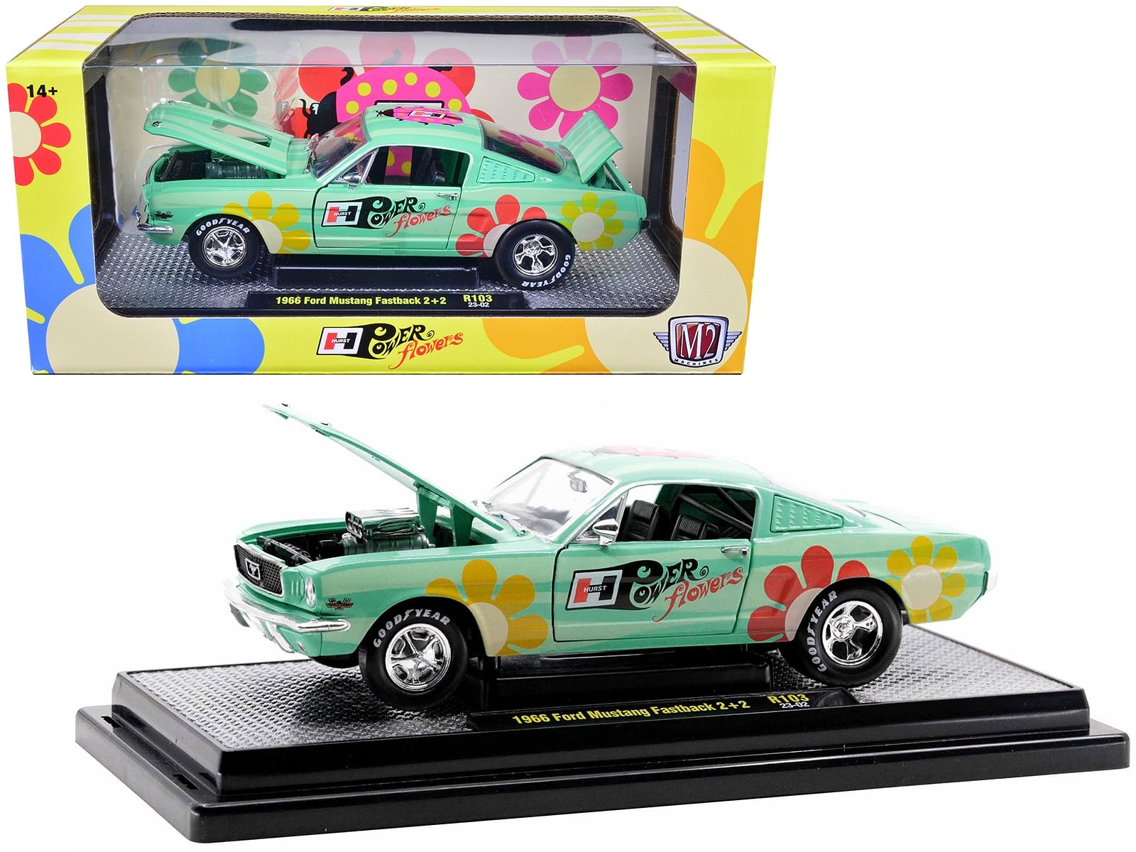 1966 Ford Mustang Fastback 2+2 Seafoam Green and Light Green Striped with Flower Graphics “Hurst Power Flowers” Limited Edition to 6550 pieces Worldwide 1/24 Diecast Model Car by M2 Machines