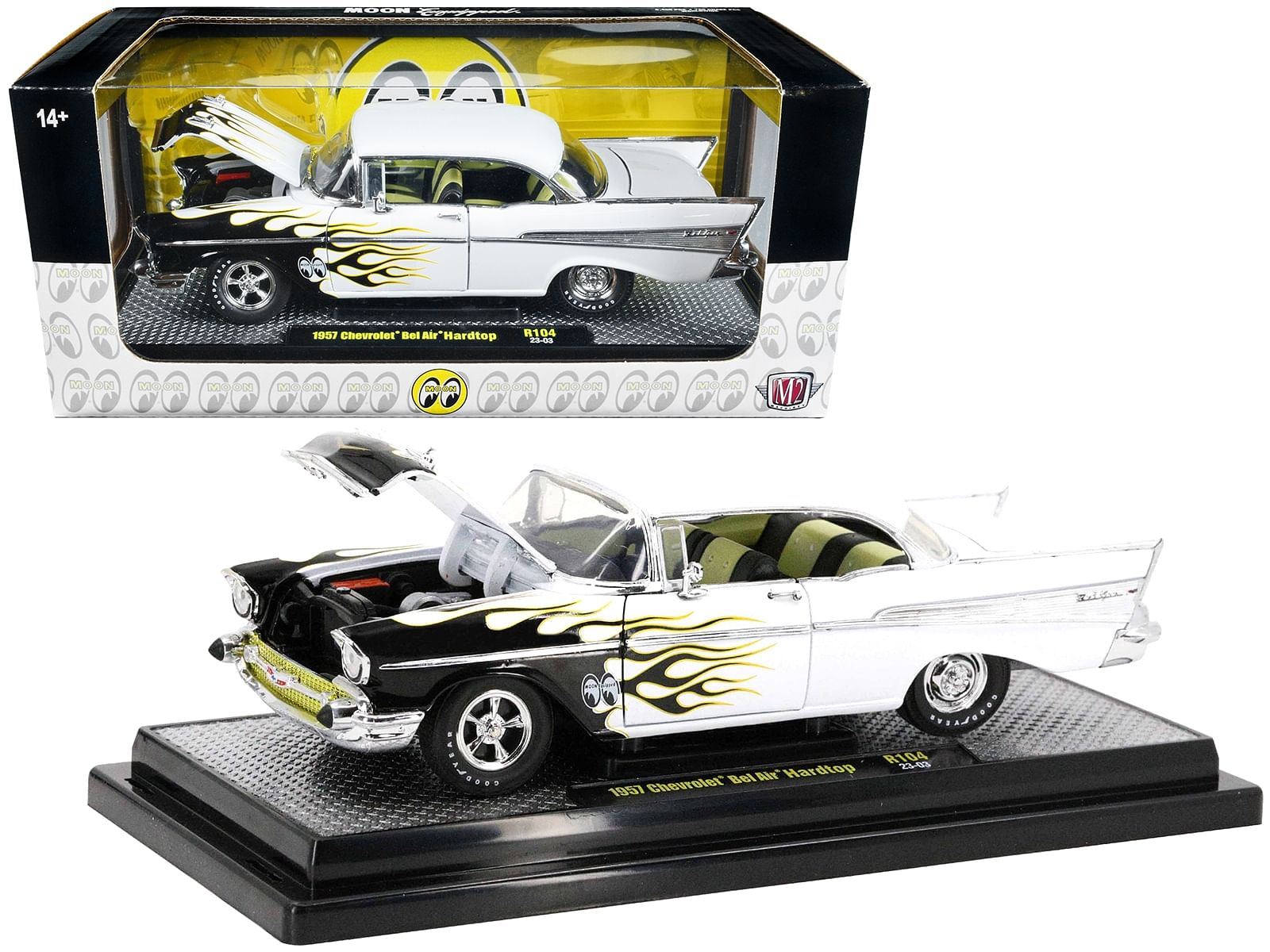 1957 Chevrolet Bel Air Hardtop Bright White with Flames “Mooneyes” Limited Edition to 6450 pieces Worldwide 1/24 Diecast Model Car by M2 Machines