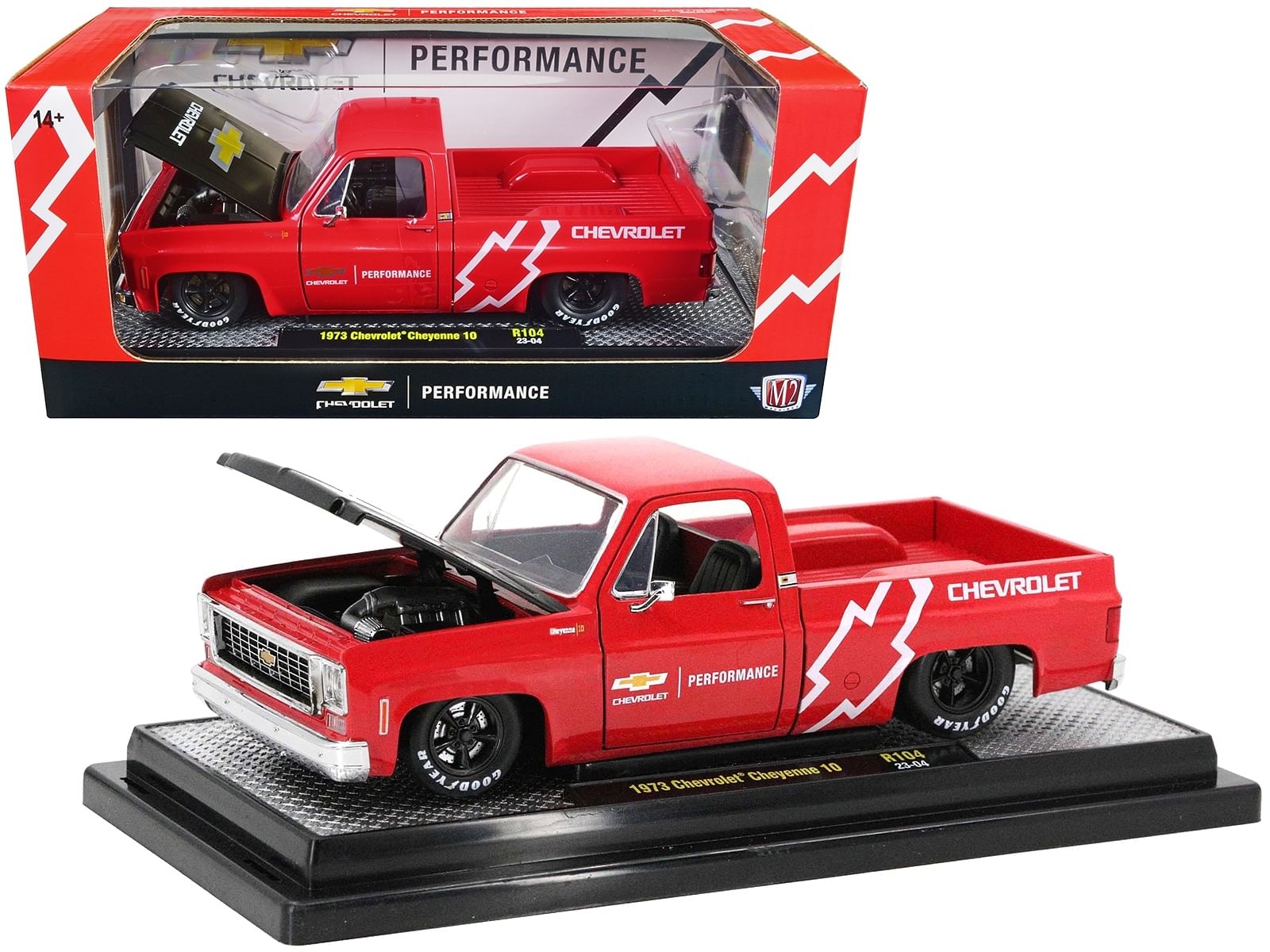 1973 Chevrolet Cheyenne 10 Pickup Truck Bright Red with Black Hood “Chevrolet Performance” Limited Edition to 7250 pieces Worldwide 1/24 Diecast Model Car by M2 Machines