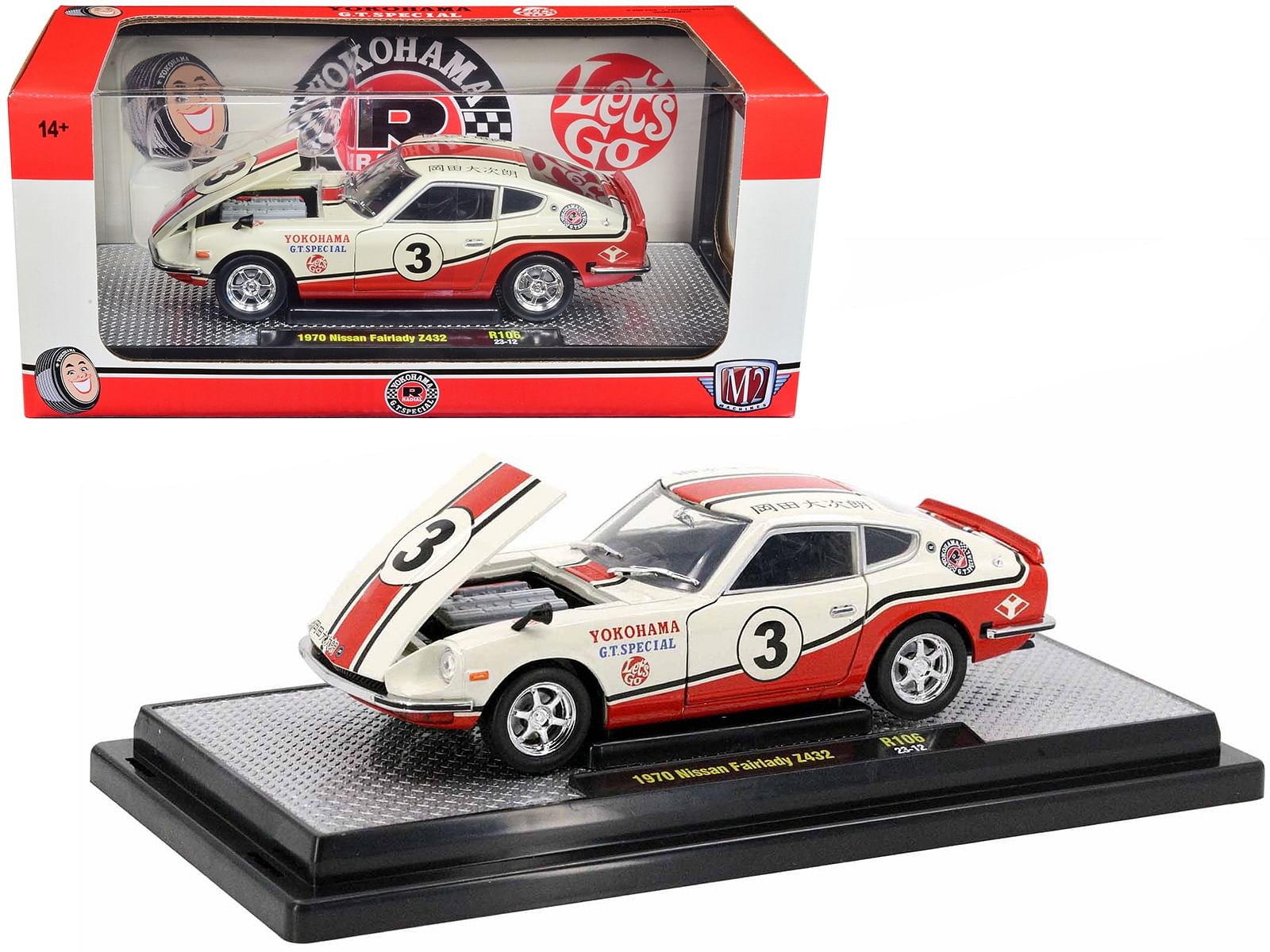 1970 Nissan Fairlady Z 432 RHD (Right Hand Drive) #3 Wimbledon White with Red and Black Stripes “Yokohama GT Special” Limited Edition to 5250 pieces Worldwide 1/24 Diecast Model Car by M2 Machines