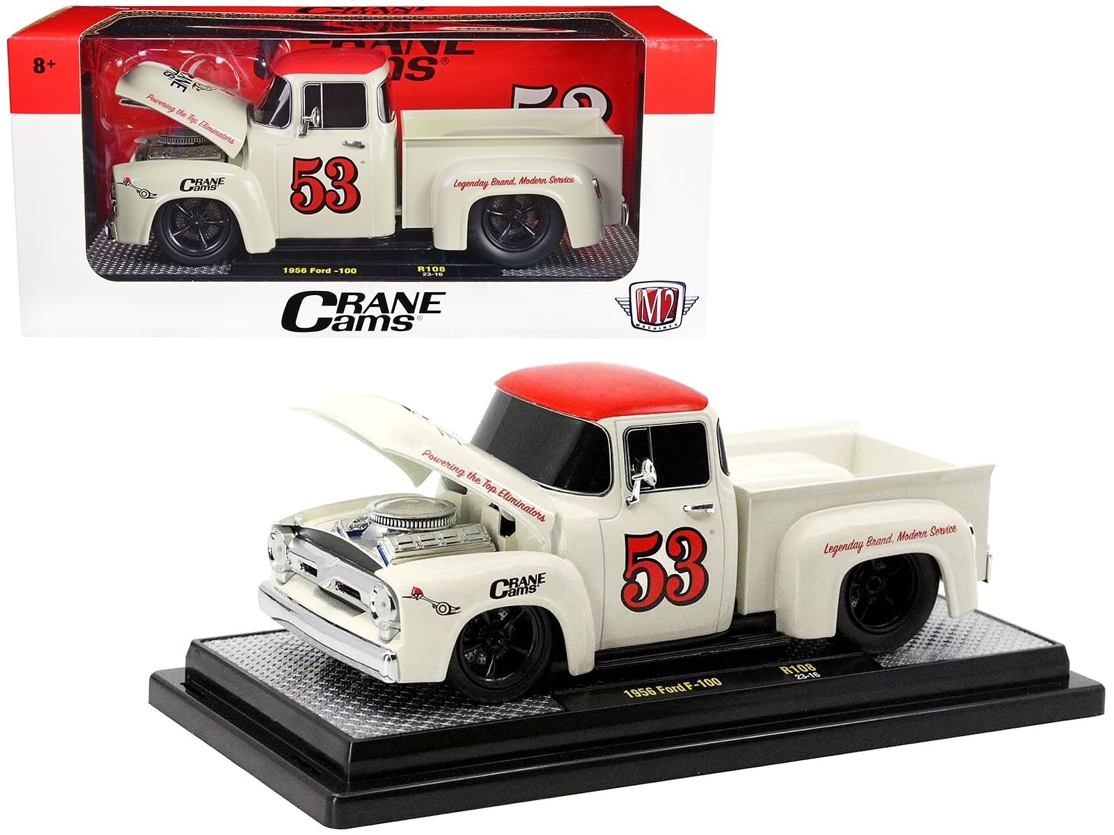 1956 Ford F-100 Pickup Truck Wimbledon White with Red Top “Crane Cams” Limited Edition to 6150 pieces Worldwide 1/24 Diecast Model Car by M2 Machines