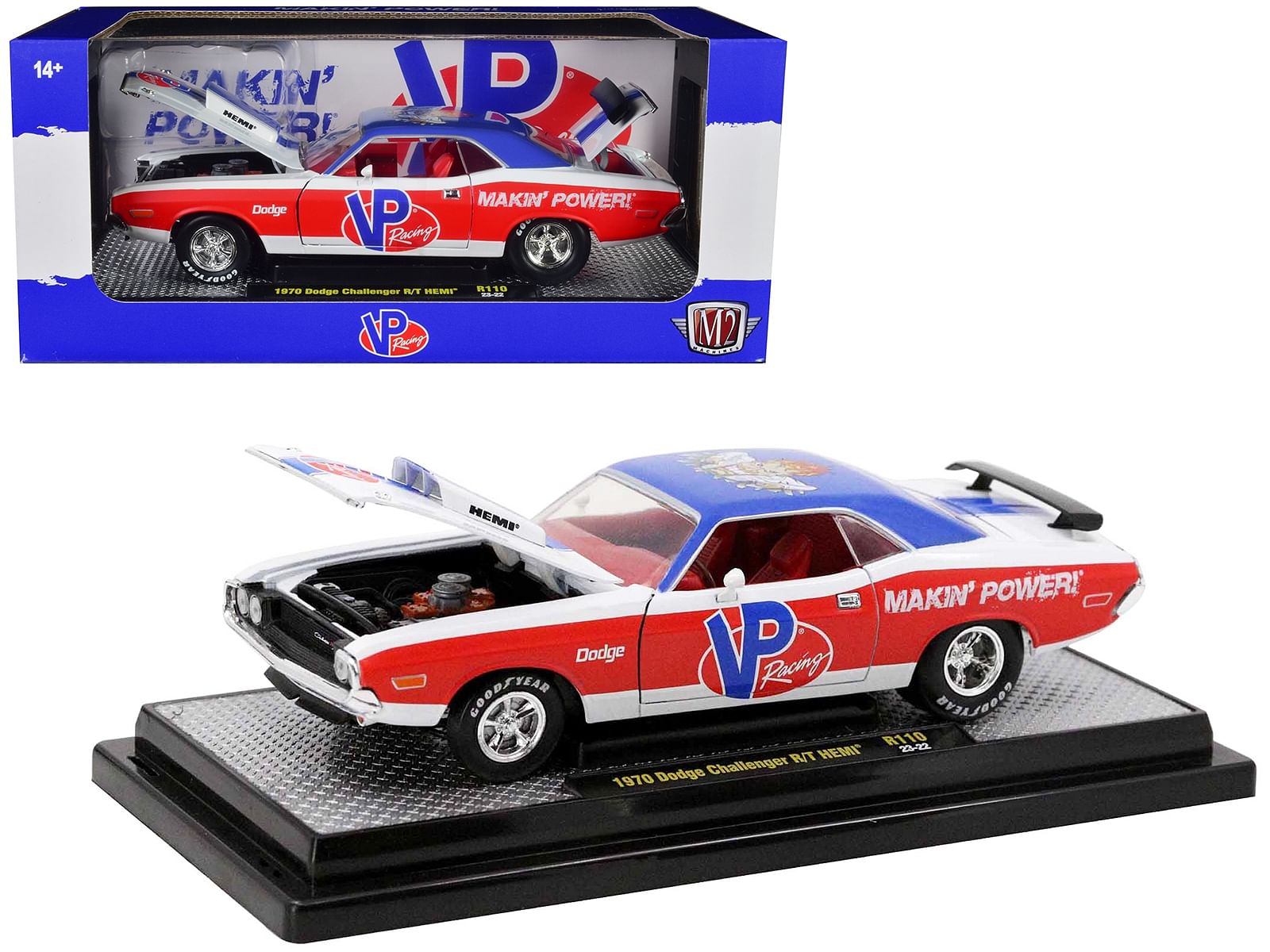 1970 Dodge Challenger R/T Hemi White with Red and Blue Stripes with Red Interior “VP Racing” Limited Edition to 5710 pieces Worldwide 1/24 Diecast Model Car by M2 Machines