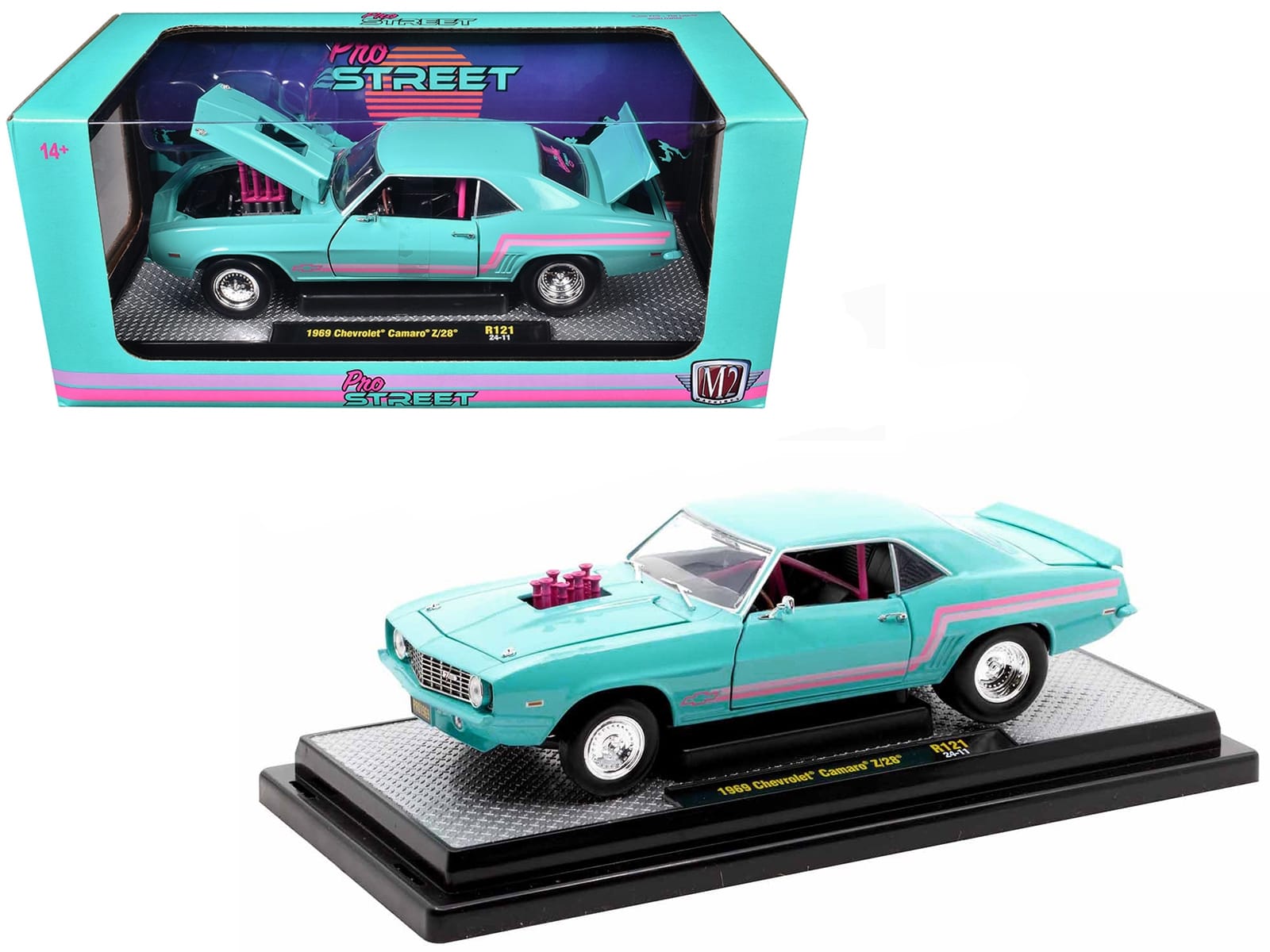 1969 Chevrolet Camaro Z/28 Light Blue with Pink Stripes "Pro Street" Limited Edition to 6250 pieces Worldwide 1/24 Diecast Model Car by M2 Machines - Image 2