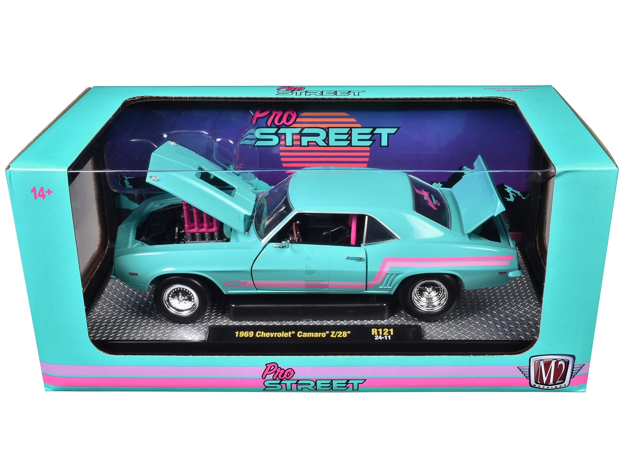 1969 Chevrolet Camaro Z/28 Light Blue with Pink Stripes "Pro Street" Limited Edition to 6250 pieces Worldwide 1/24 Diecast Model Car by M2 Machines - Image 3