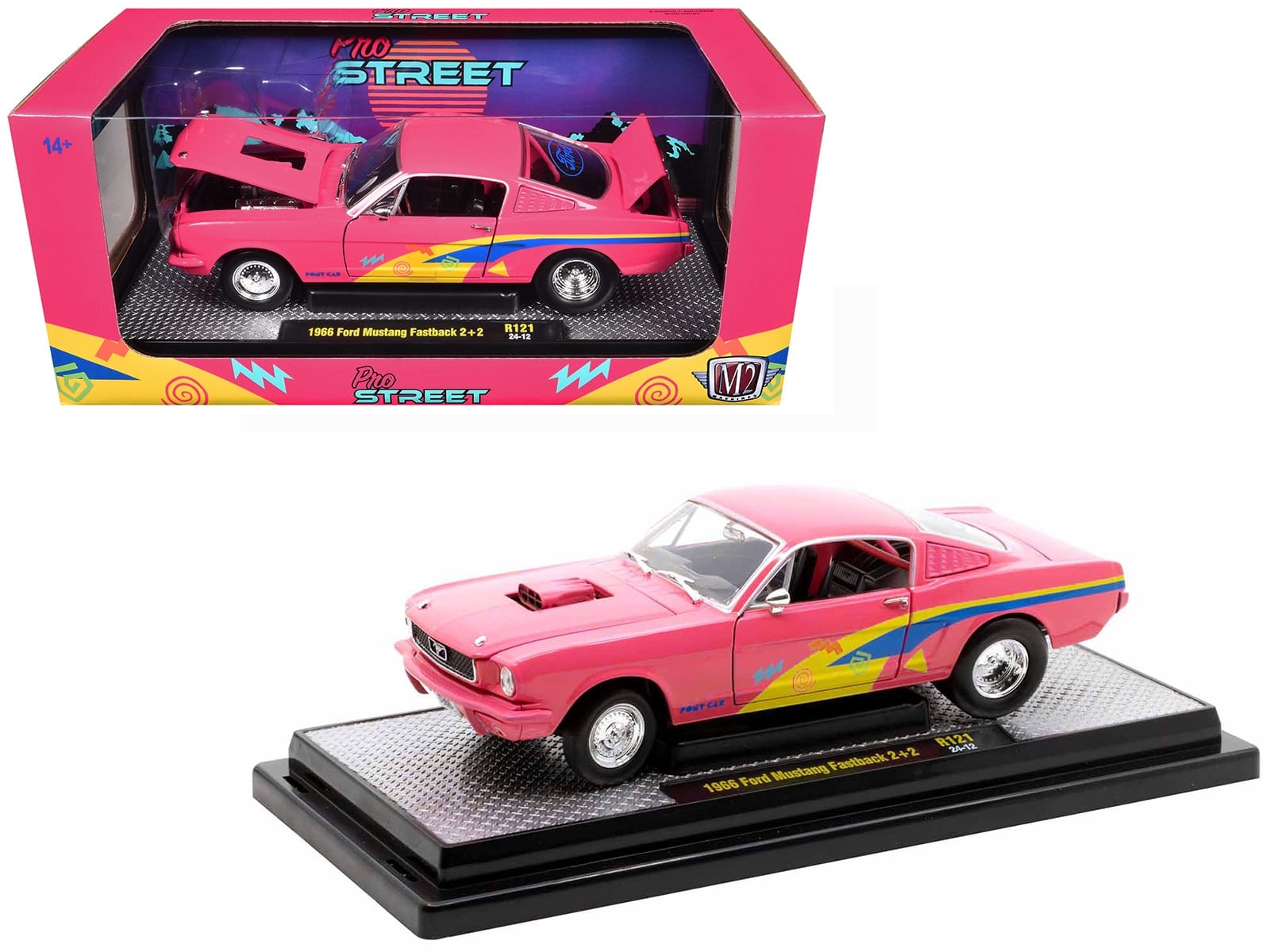 1966 Ford Mustang Fastback 2+2 Pink with Blue and Yellow Stripes "Pro Street" Limited Edition to 6250 pieces Worldwide 1/24 Diecast Model Car by M2 Machines - Image 2