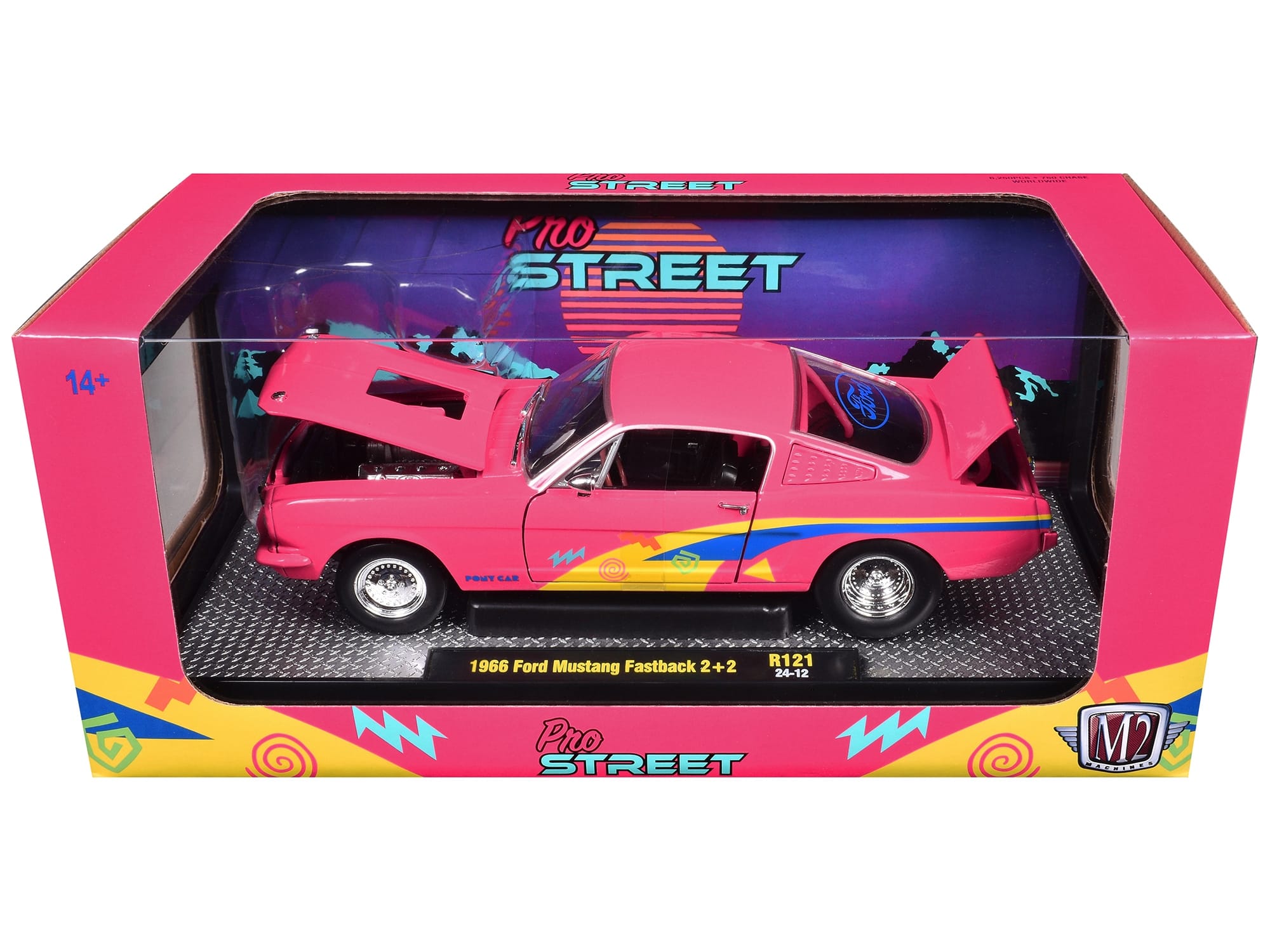 1966 Ford Mustang Fastback 2+2 Pink with Blue and Yellow Stripes "Pro Street" Limited Edition to 6250 pieces Worldwide 1/24 Diecast Model Car by M2 Machines - Image 3