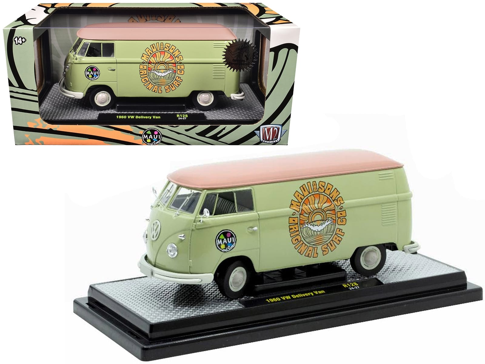1960 Volkswagen Delivery Van "Maui & Sons" Light Olive Green with Salmon Top Limited Edition to 6650 pieces Worldwide 1/24 Diecast Model Car by M2 Machines - Image 3