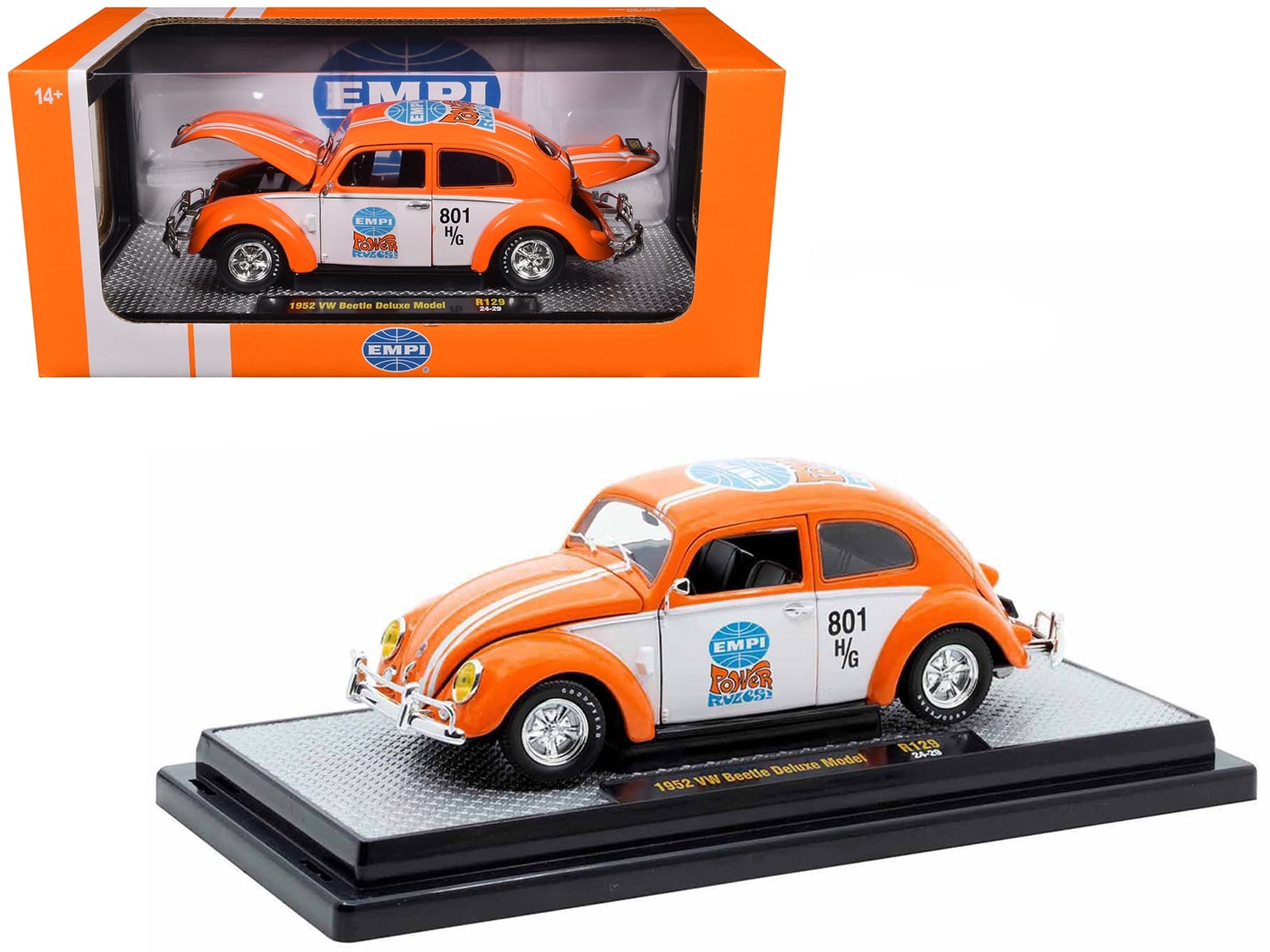 1952 Volkswagen Beetle Deluxe Model "EMPI Power Rules" Orange and White with Graphics Limited Edition to 6650 pieces Worldwide 1/24 Diecast Model Car by M2 Machines - Image 2