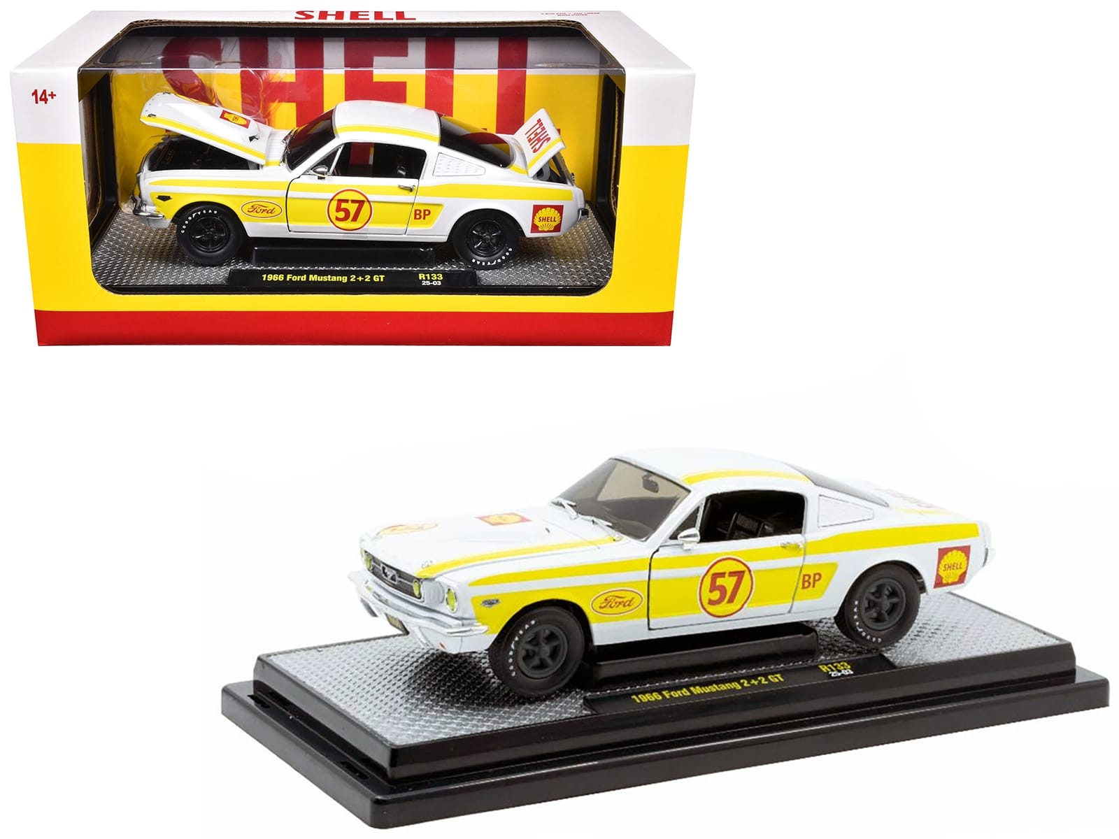 1966 Ford Mustang 2+2 GT #57 "Shell Oil" White with Yellow Stripes Limited Edition to 5650 pieces Worldwide 1/24 Diecast Model Car by M2 Machines - Image 2