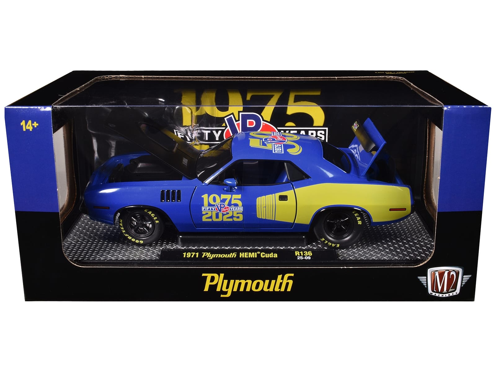 1971 Plymouth Hemi Cuda "VP Racing 50 Years" Blue with Yellow Sides Limited Edition to 8650 pieces Worldwide 1/24 Diecast Model Car by M2 Machines - Image 3