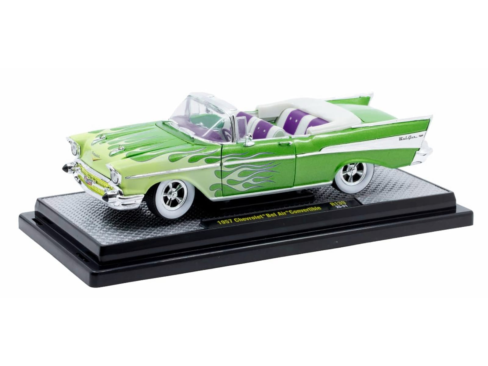 1957 Chevrolet Bel Air Convertible Green Metallic with Flame Graphics and Purple and White Interior Limited Edition to 4050 pieces Worldwide 1/24 Diecast Model Car by M2 Machines - Image 2