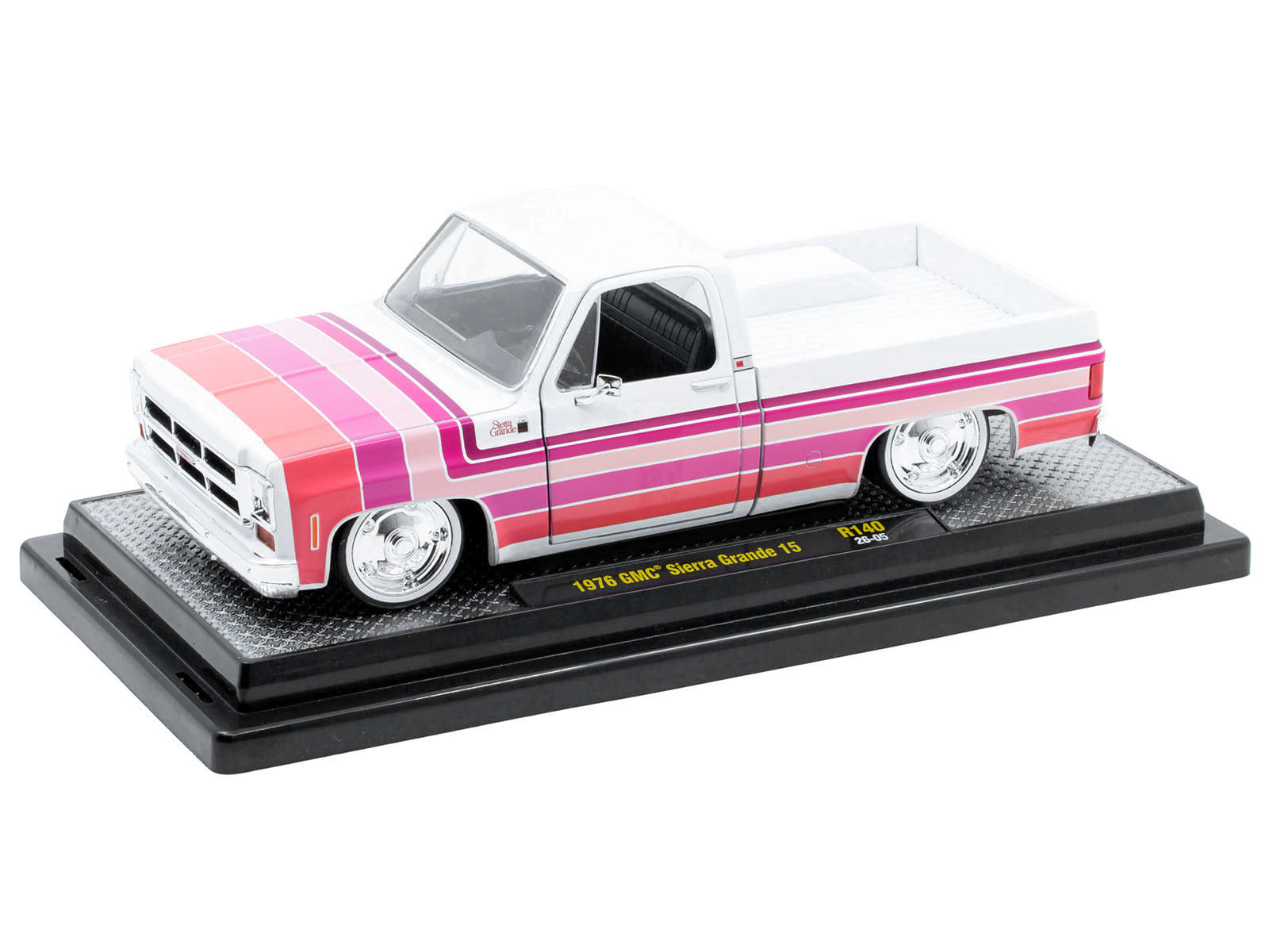 1976 GMC Sierra Grande 15 Pickup Truck White with Stripes Limited Edition to 9250 pieces Worldwide 1/24 Diecast Model Car by M2 Machines - Image 2