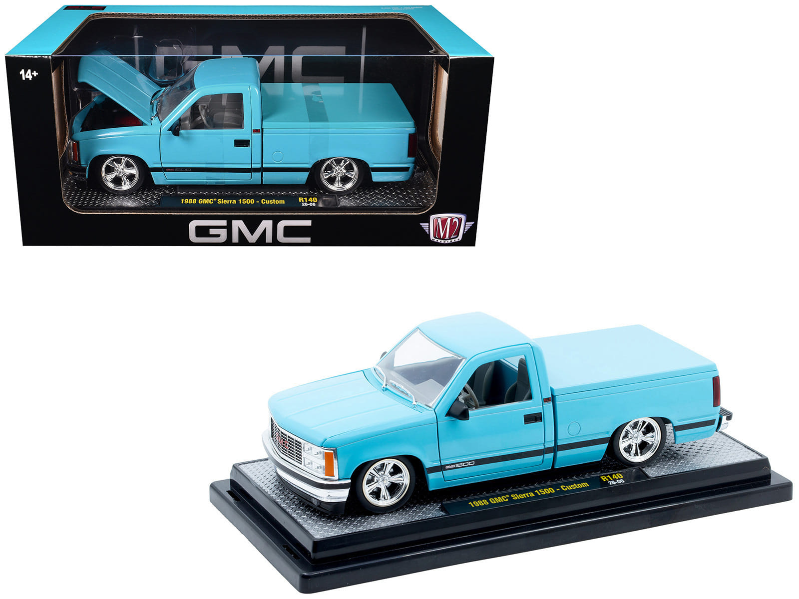 1988 GMC Sierra 1500 Custom Pickup Truck Light Blue with Black Stripes Limited Edition to 9250 pieces Worldwide 1/24 Diecast Model Car by M2 Machines